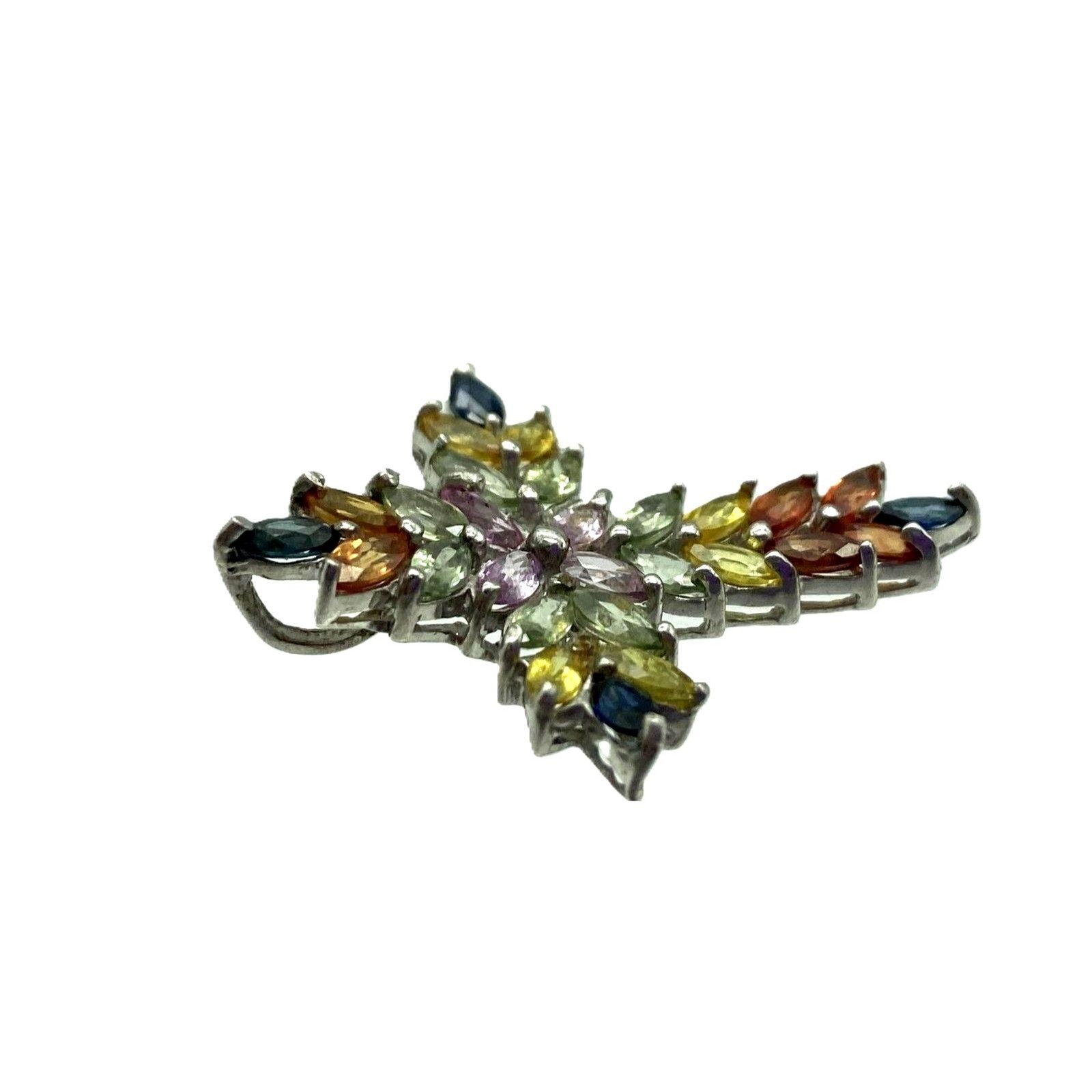 Sapphire Cross Pendant Prong Set Sterling Silver Multi Color pear cut 2.28g