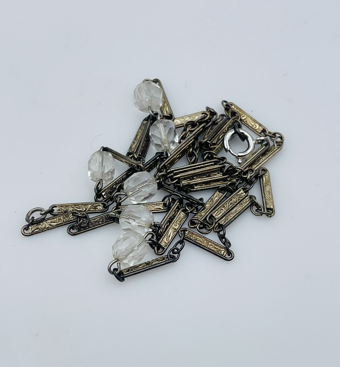 Antique Sterling Silver Ornate Bar Link Glass Bead Station Chain Necklace