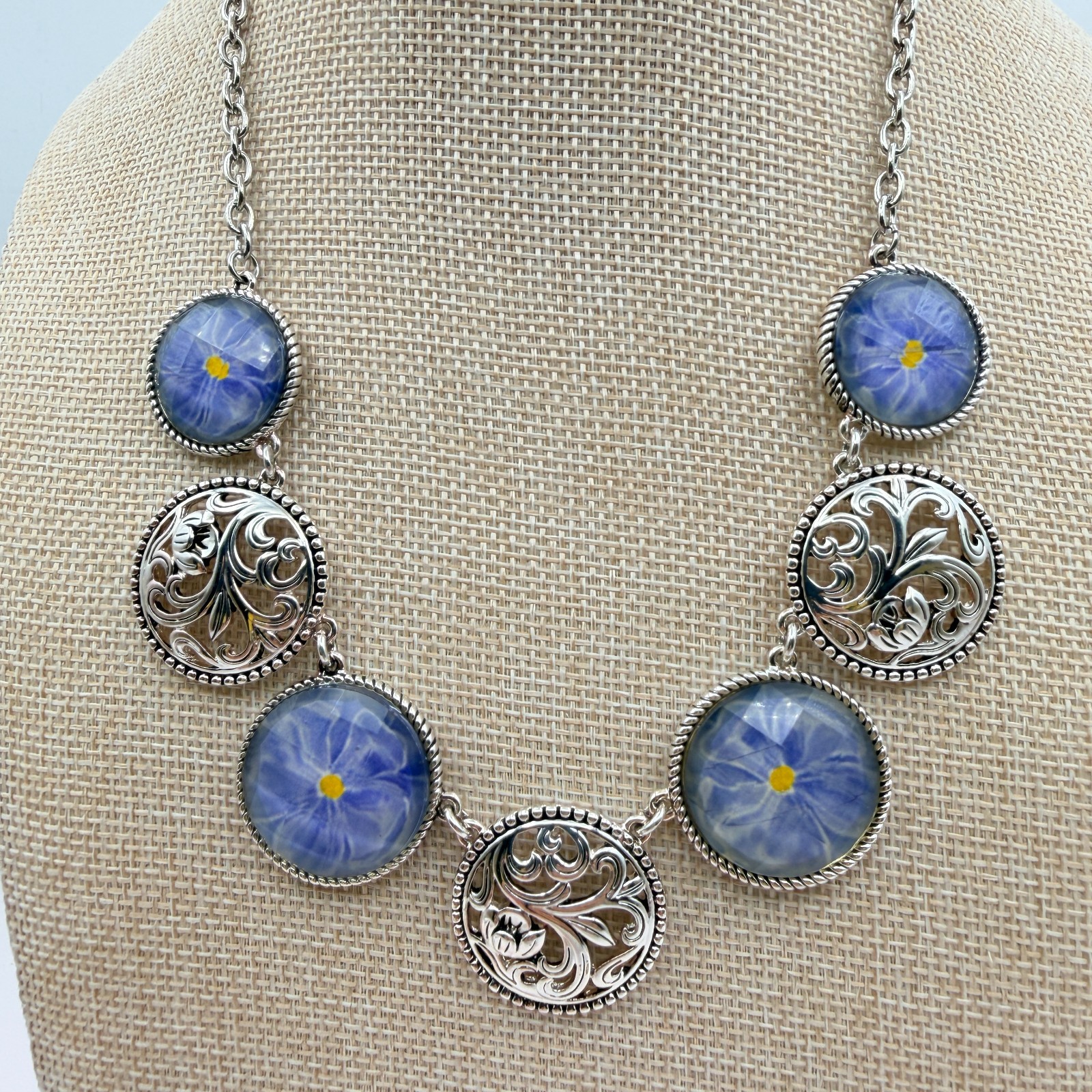 Vintage 90s Silver Tone Blue Flower Glass Cabochon Classic Fashion Jewelry Set