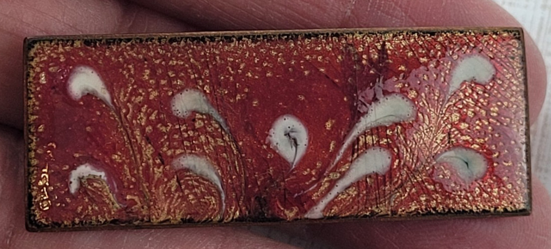 Vintage Retangular Copper Enamel Brooch Fall Colors 2″