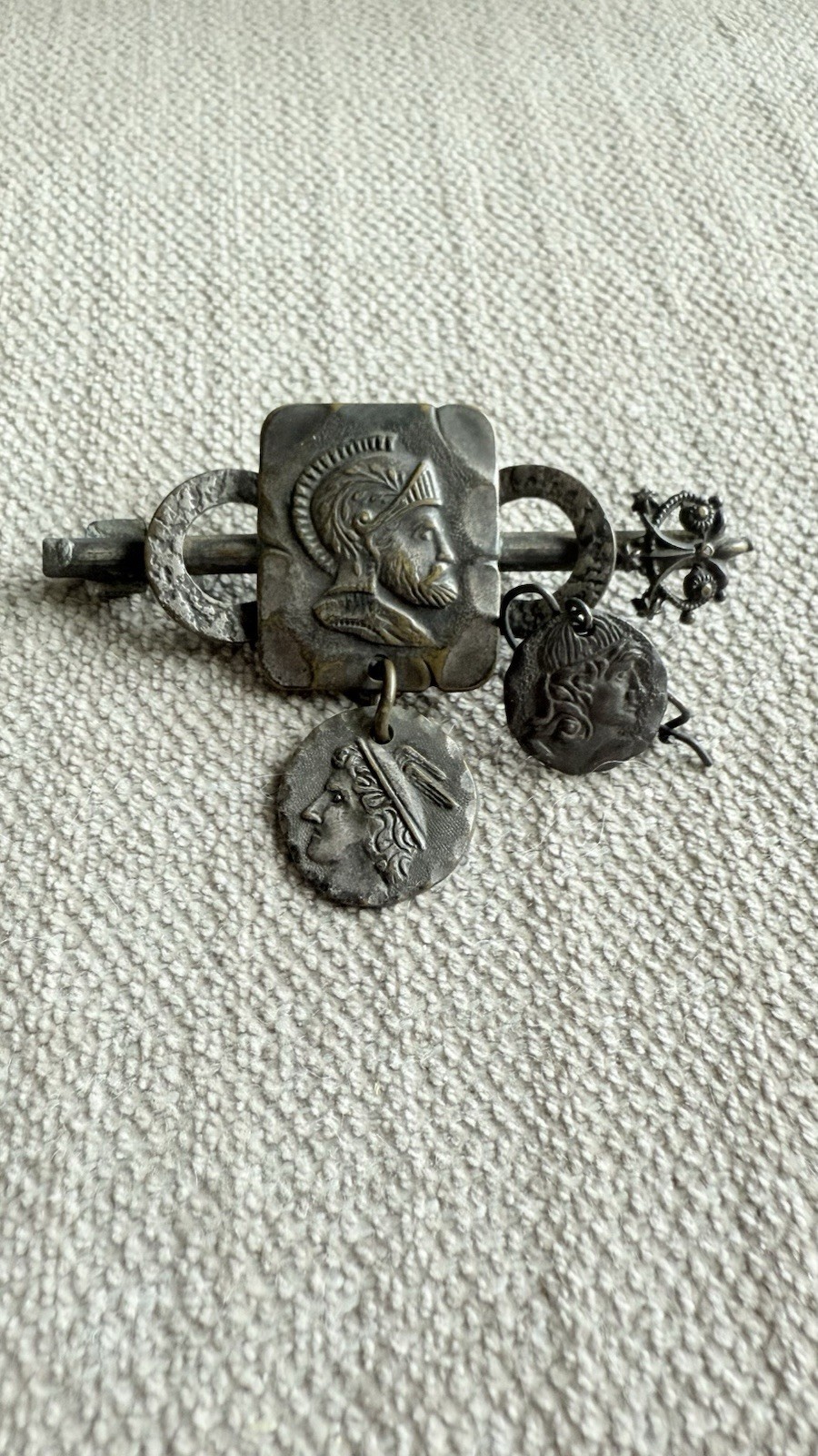 Vintage Greek Revival Warrior Coin Dangle Brooch & Single Earring Set