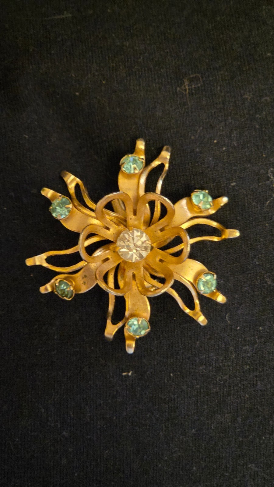 Mid‑Cent modern pin with floral design/ribbon petals /clear and aqua rhinestones