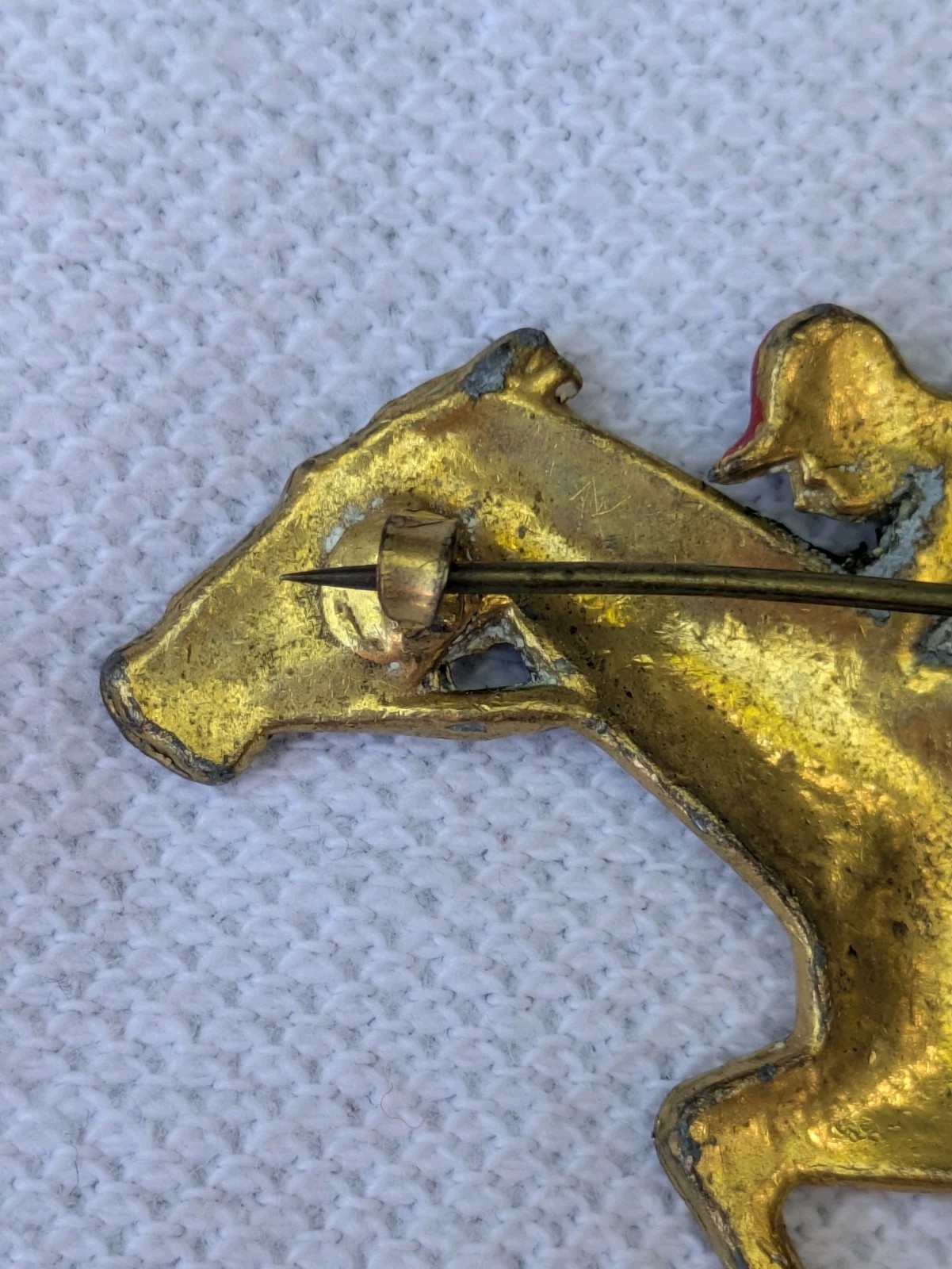 Antique Glass Glitter on Brass Race Horse & Jockey Brooch Pin C Clasp AS IS D92
