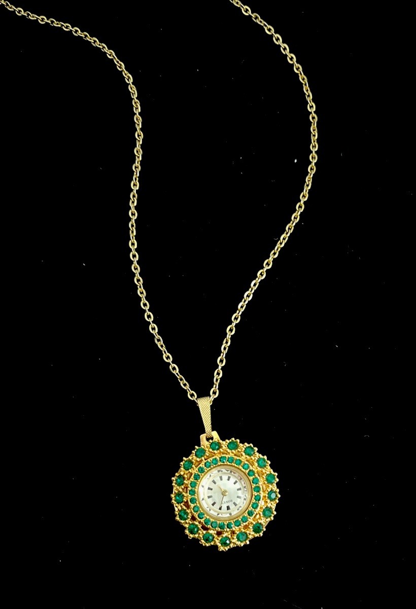 Vintage Honey Hand Wind Green Crystal Gold Tone Pendant Watch Chain Necklace