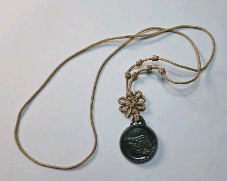 Dark Green Jade Pendant With Pointing Hand Design, Brown Knot Cord