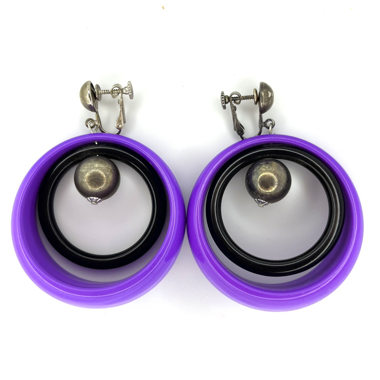 Vintage Large Purple Hoop Adjustable Clip On Earrings Signed Dauplaise