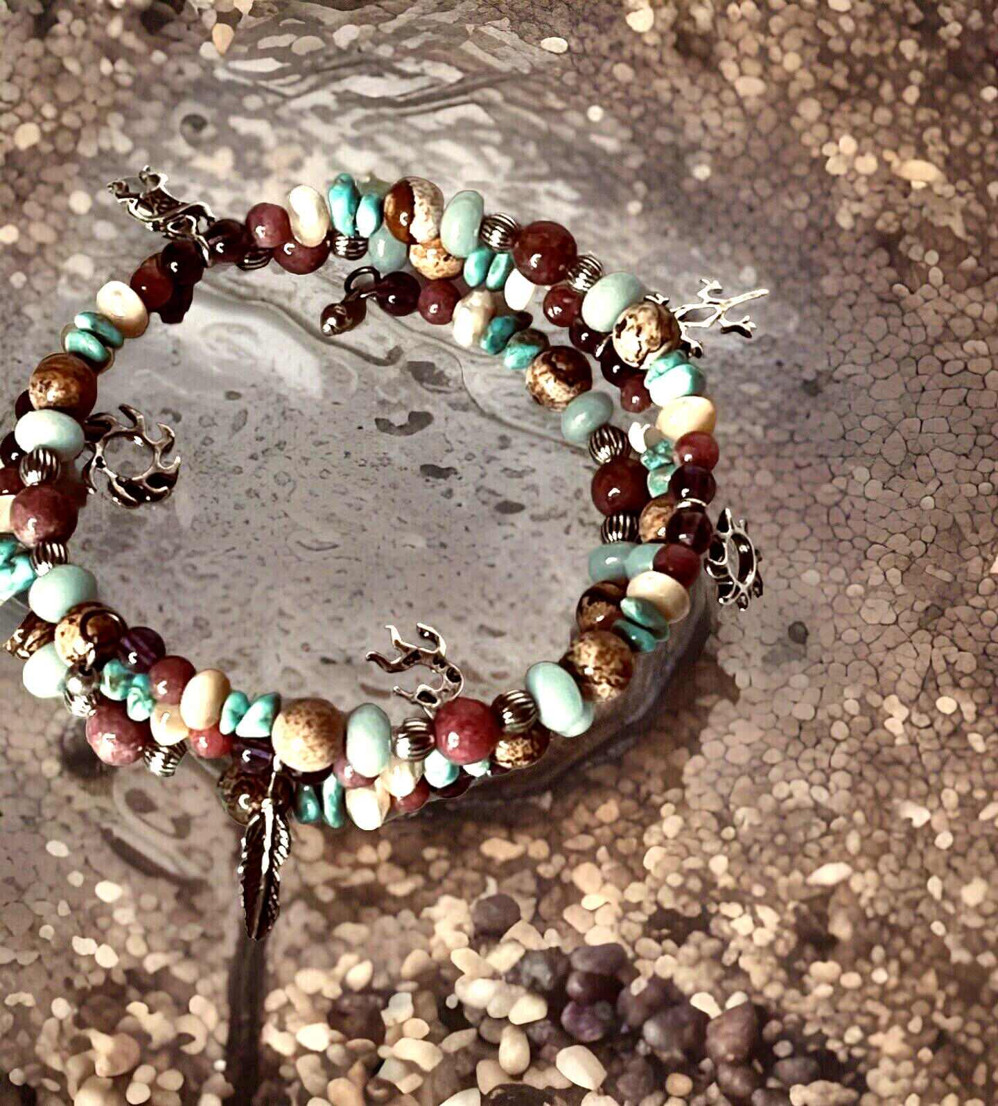 Vtg South Western Genuine Stone Bead Bracelet 6 Sterling Silver Indian Charms