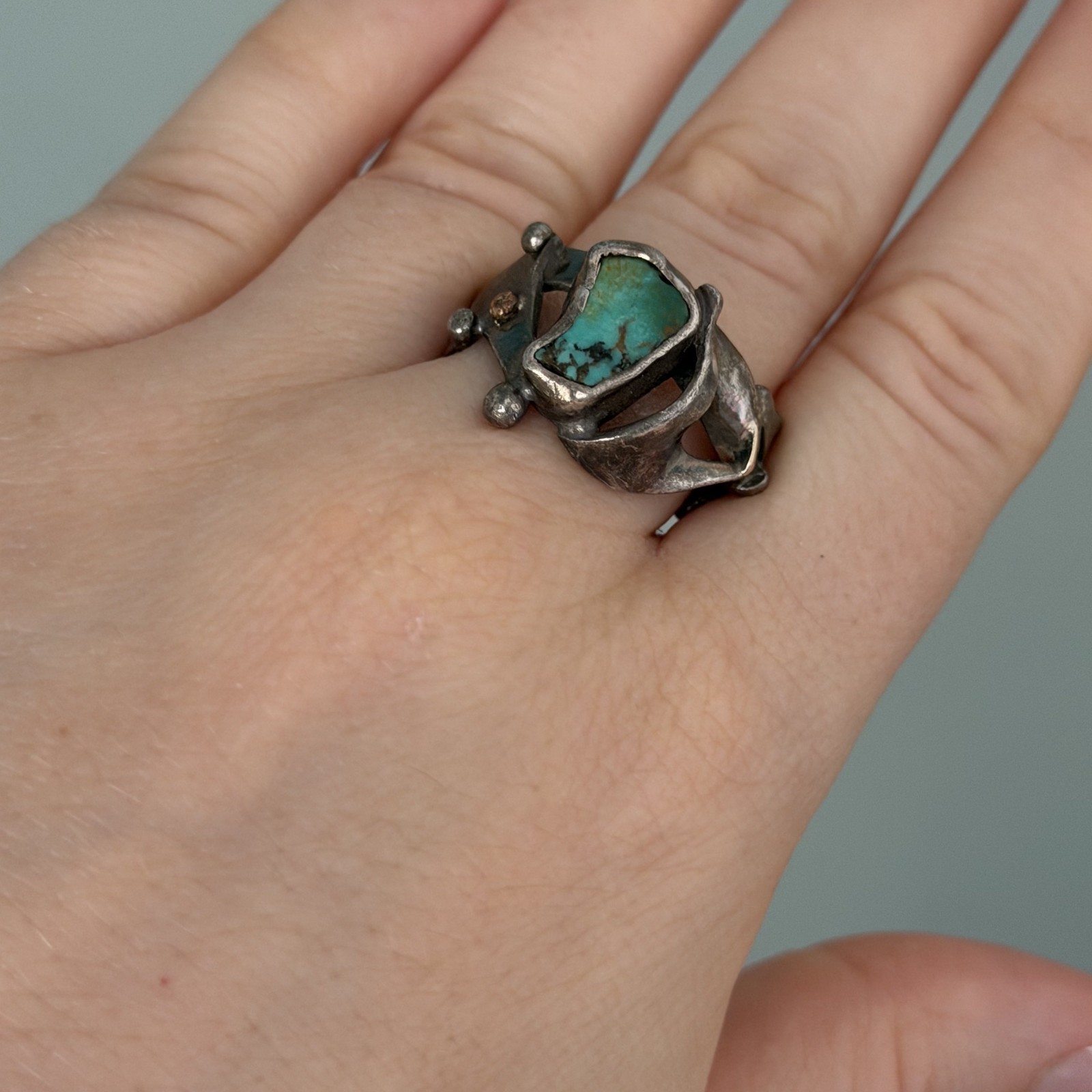 Vintage Brutalist Sterling Silver Turquoise Unique Modernist Ring Size 7