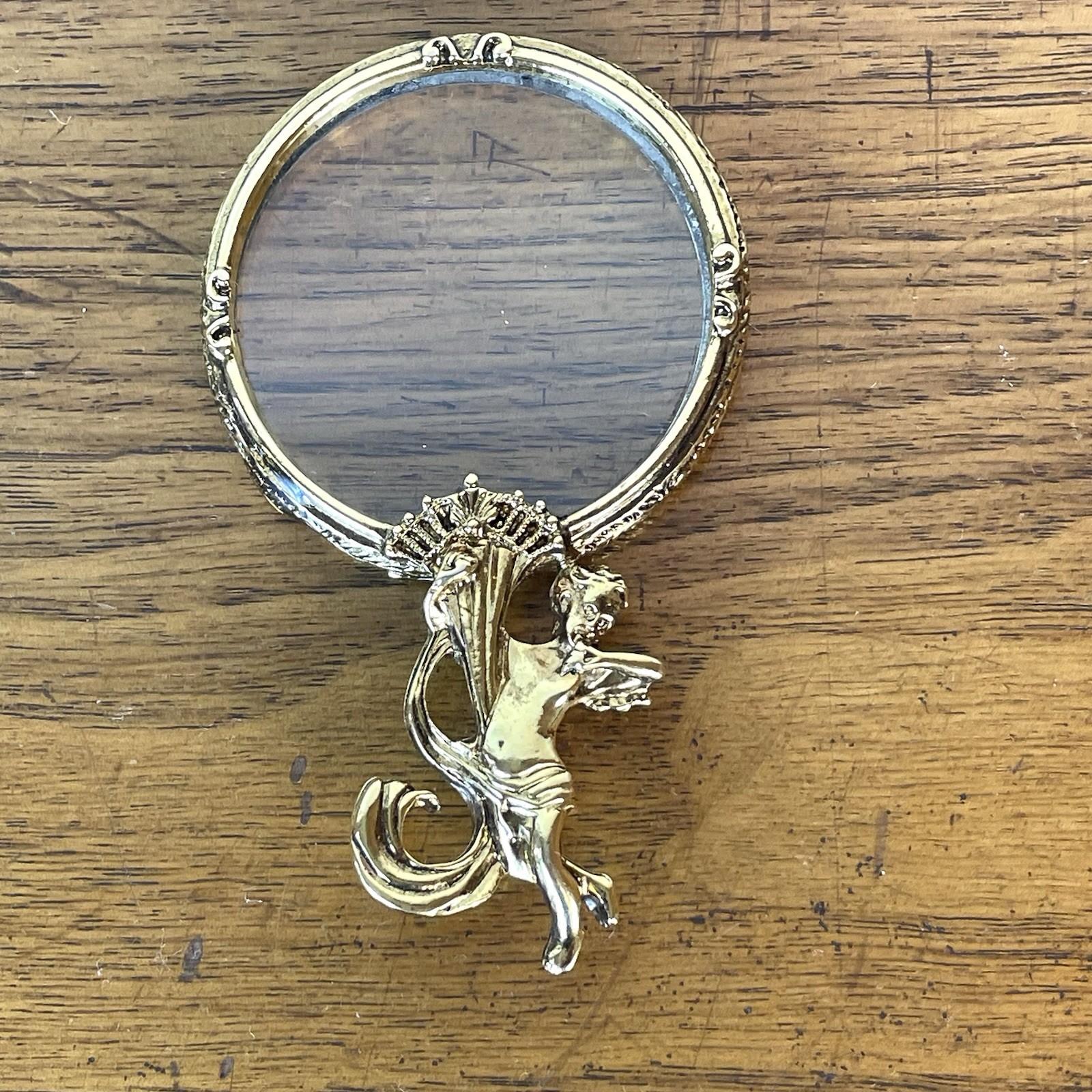 Vintage Gold Cherub Magnifying Glass Angel Hand Held, Purse, Hollywood Regency