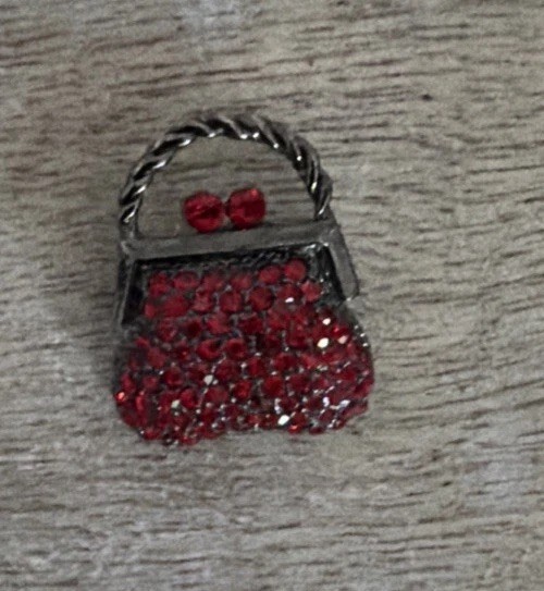 Gunmetal Silver Tone Red Rhinestone Mini Purse Small Brooch Pin Vintage 1 Inch