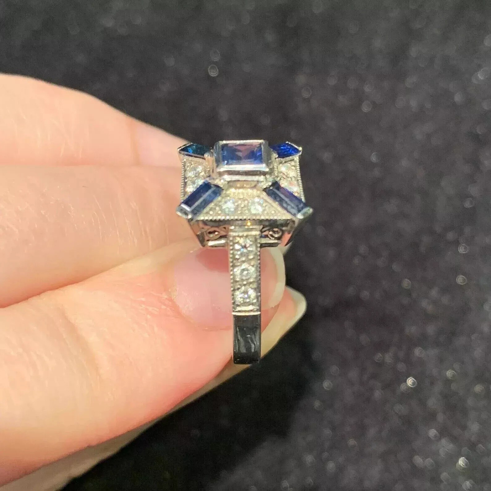 1.24Ctw Blue & White Stones Bezel Set Engagement Wedding Retro Reproduction Ring