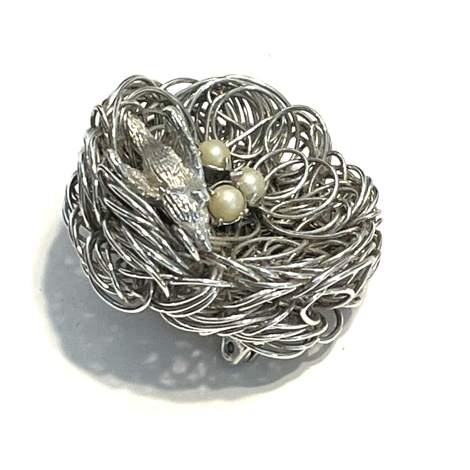 Pair of Silver Tone Brooches Bird & Nest w/Faux Pearl Eggs + Avon Brooch/Pendant