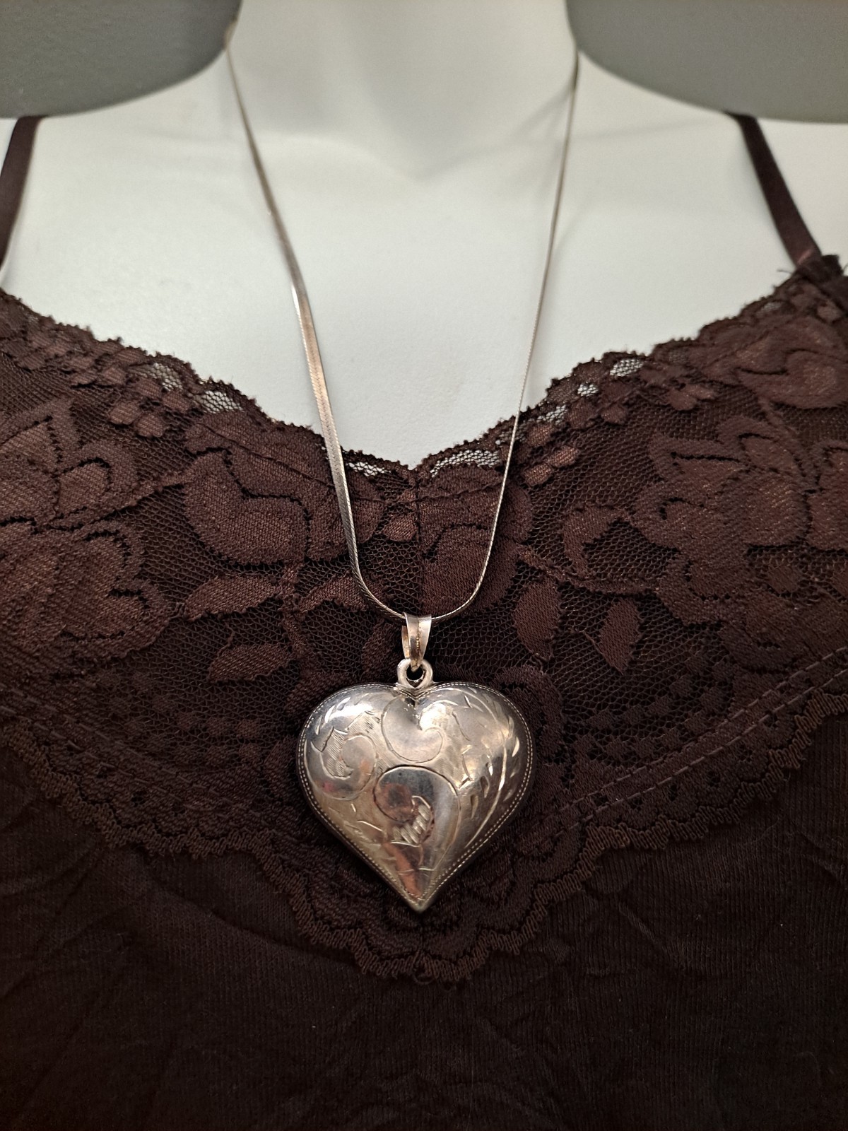 Vintage Puffy Heart Pendant Necklace Etched Design Included SS Chain 925