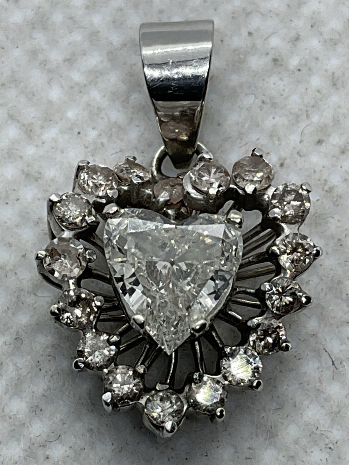 VINTAGE HANDMADE 8K White Gold Solitaire Diamond w/Accents Pendant & 11K Lock
