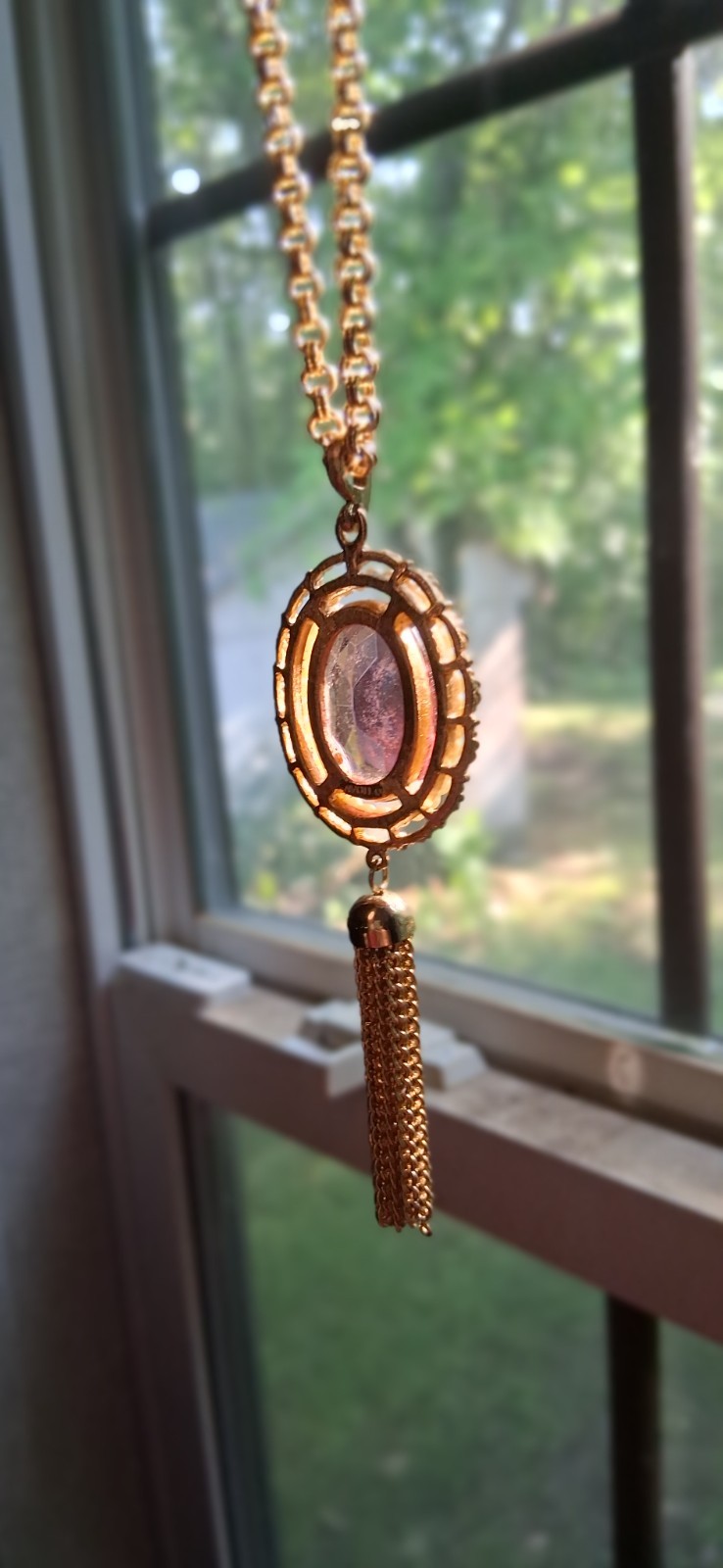 Avon Vintage Gold Tone Amethyst Glass Tassel Necklace Measurements:Chain Length:
