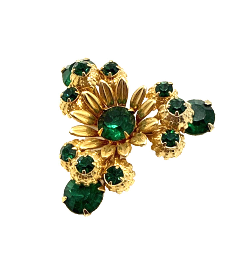 Vintage Emerald Green Rhinestone Flower Brooch Gold Tone Layered Floral MCM Pin