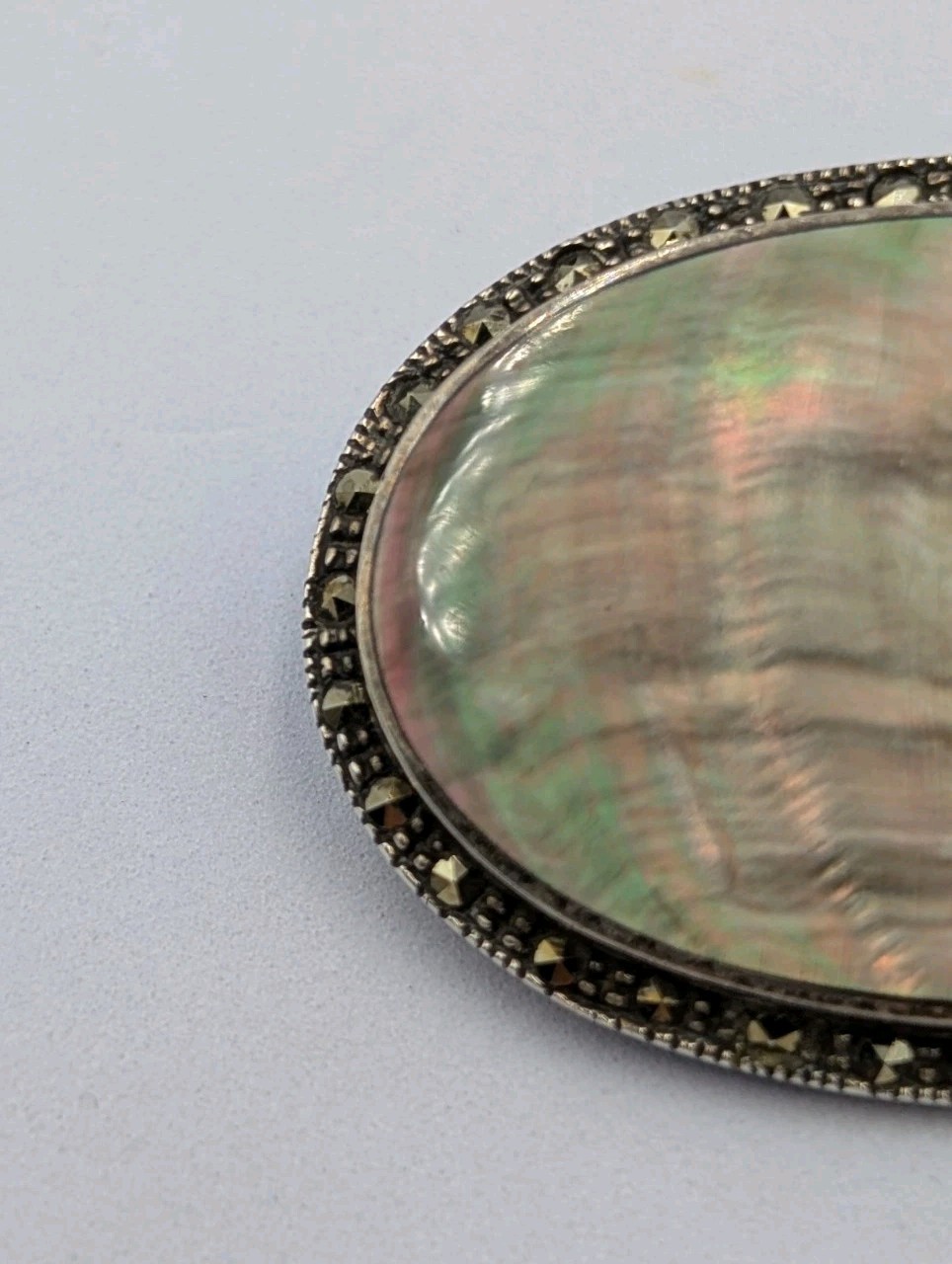 MYG Vintage Sterling Silver Oval Abalone Shell & Marcasite Stone 925 Pin Brooch