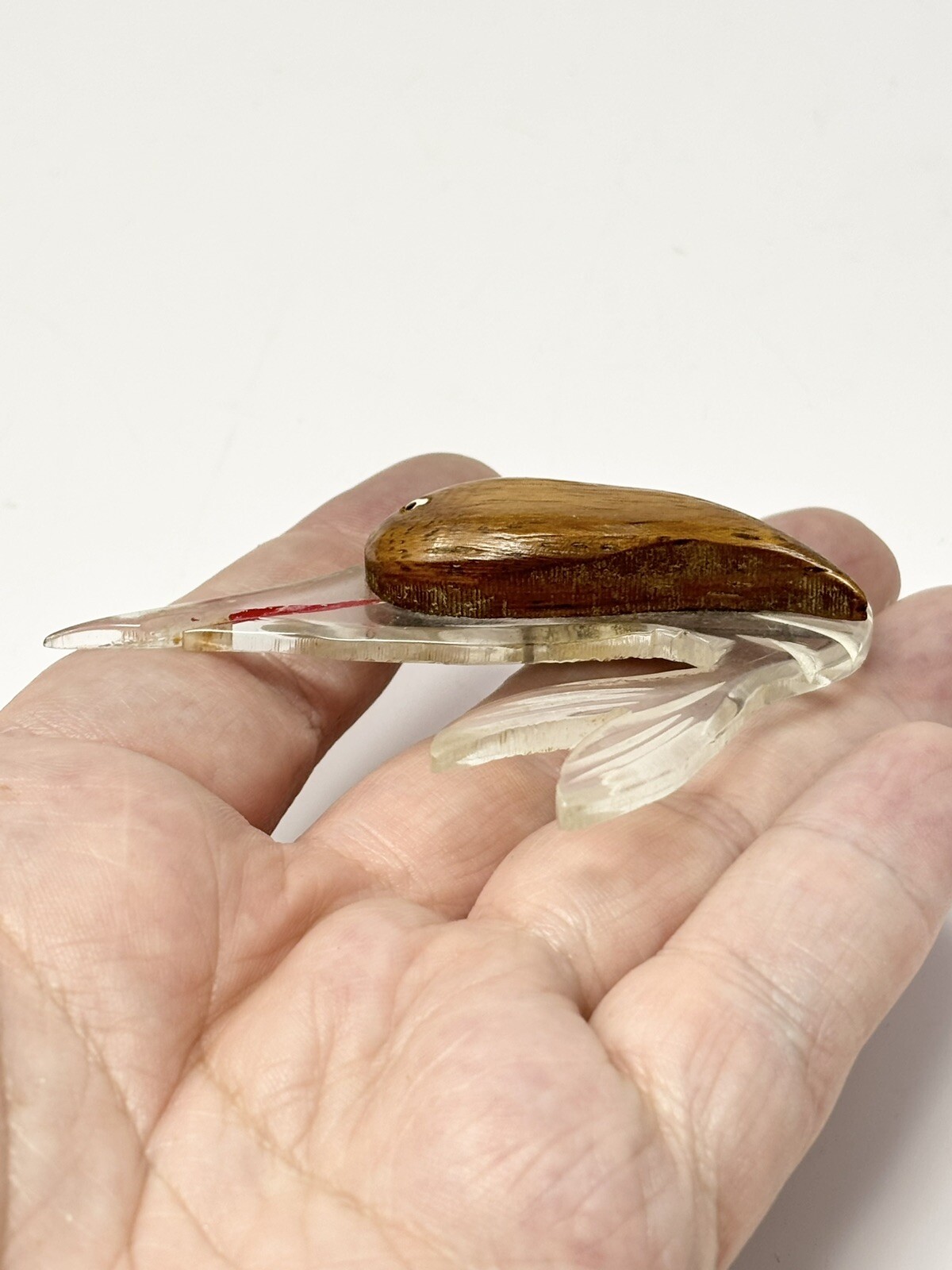 Vintage Carved Lucite And Wood Swordfish Fish Brooch Pin With Painted Details
