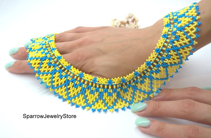 Blue yellow seed bead choker Czech glass bohemian necklace Ukrainian sylianka
