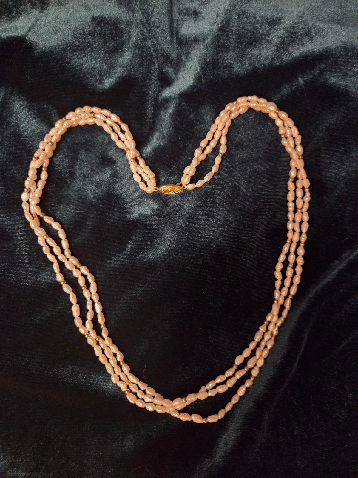 Vintage 3-strand rice pearl necklace with gold tone beads fish hook clasp