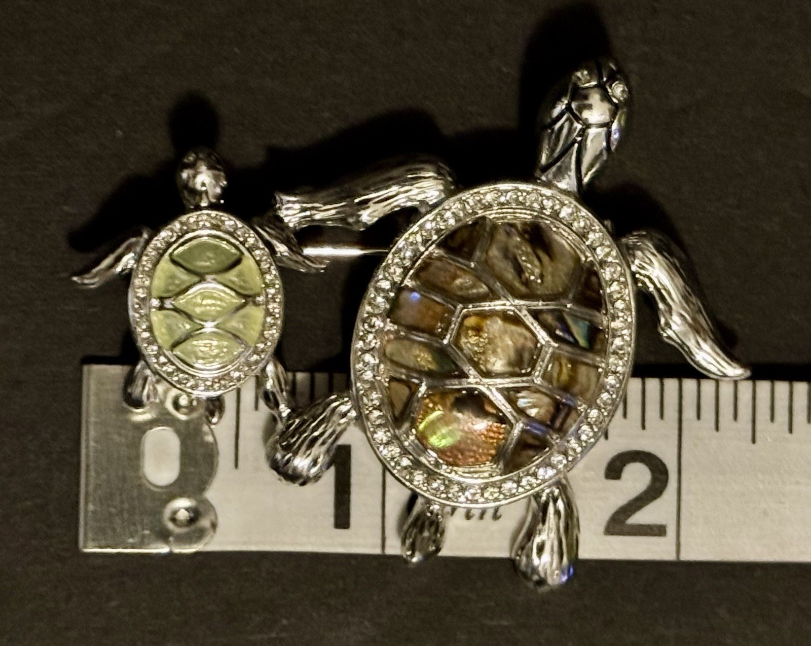 Vintage Napier Mom & Baby Turtle Pin Brooch Silver Tone Abalone Rhinestone Eyes