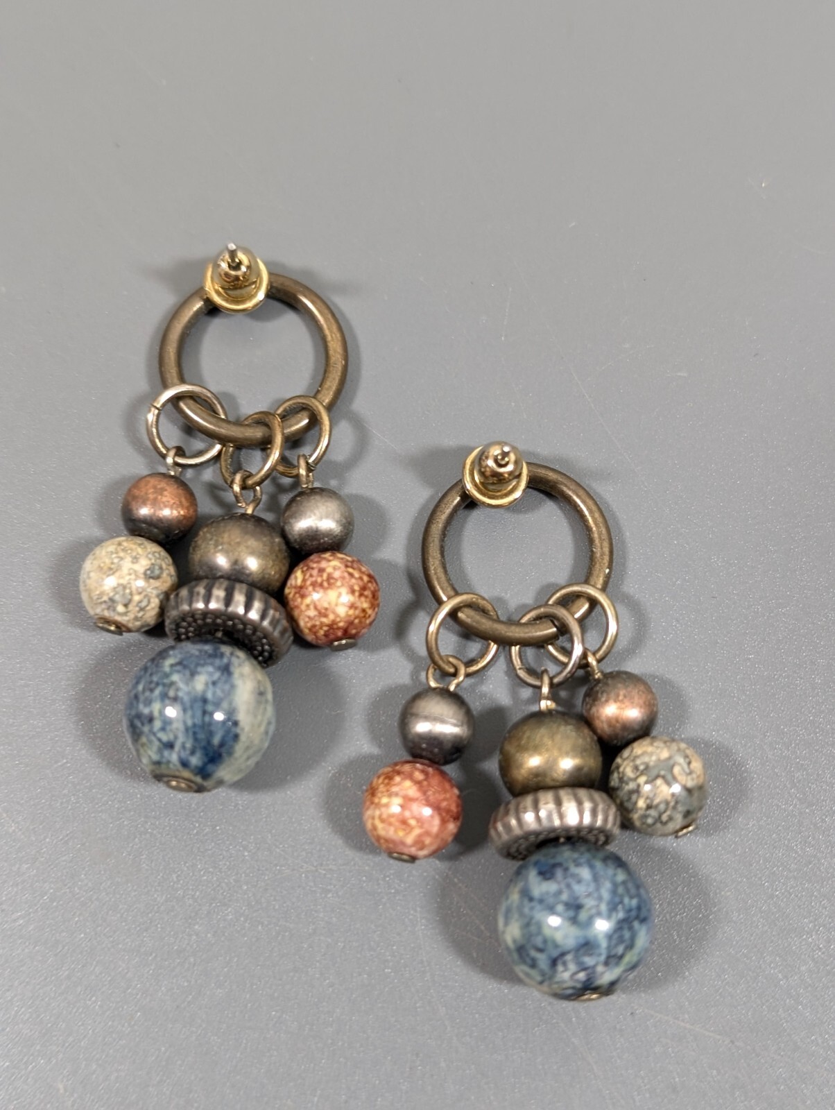 Bronze Tone Blue Bead Cluster Dangle Earrings Tribal Boho Western Retro