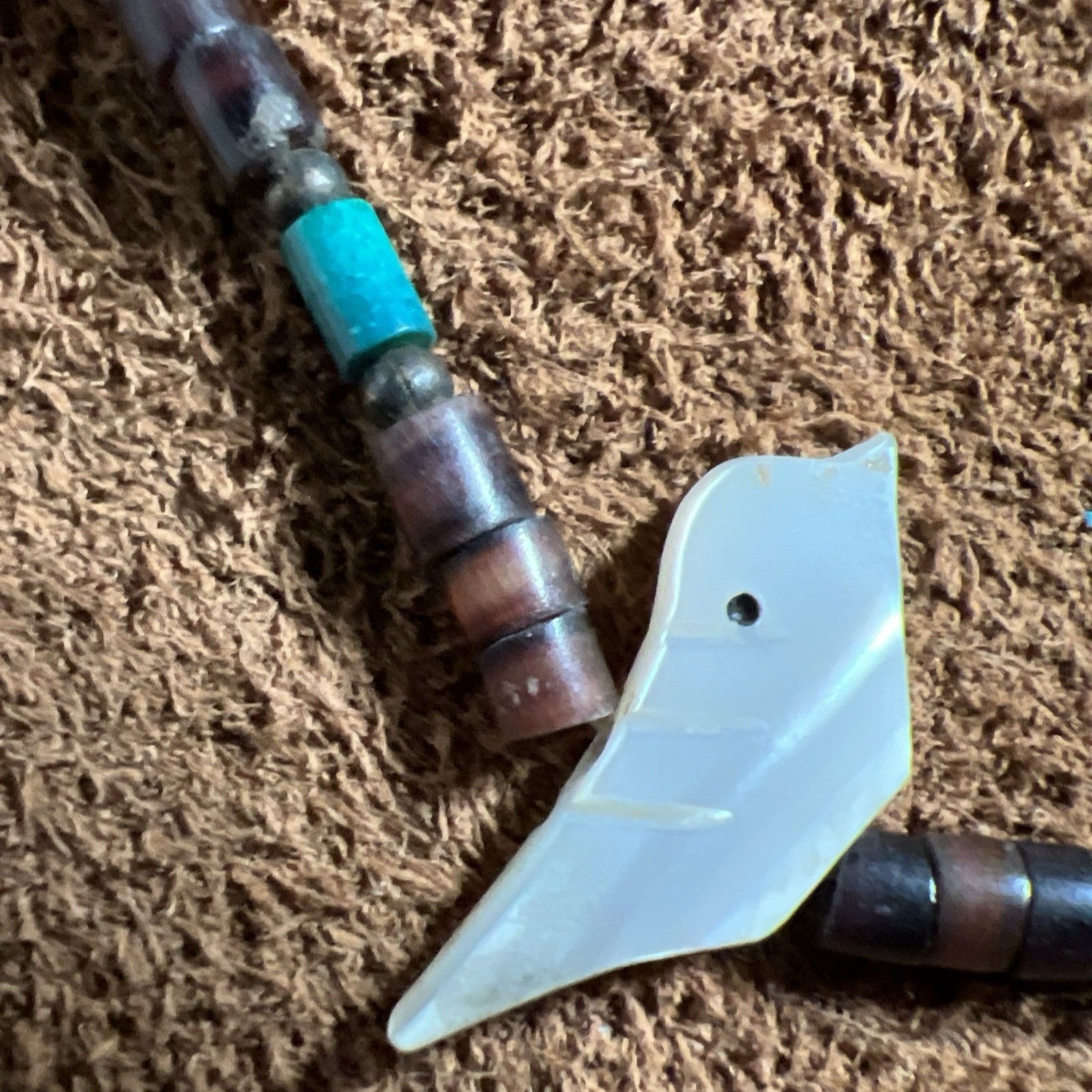 Native American Choker Necklace ~ MOP Bird Fetish Heishi Turquoise ~ 15.5” 7.6g