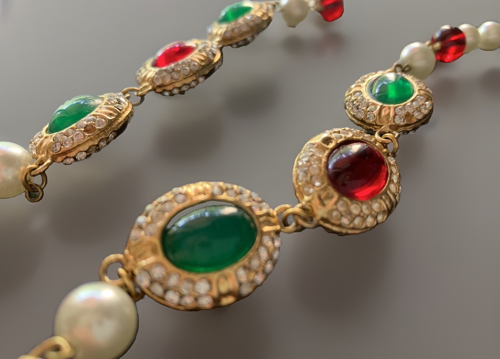 Vintage 1960s Gripoix French Mogul Cabochon Red &Green Long Necklace 80cm Signed