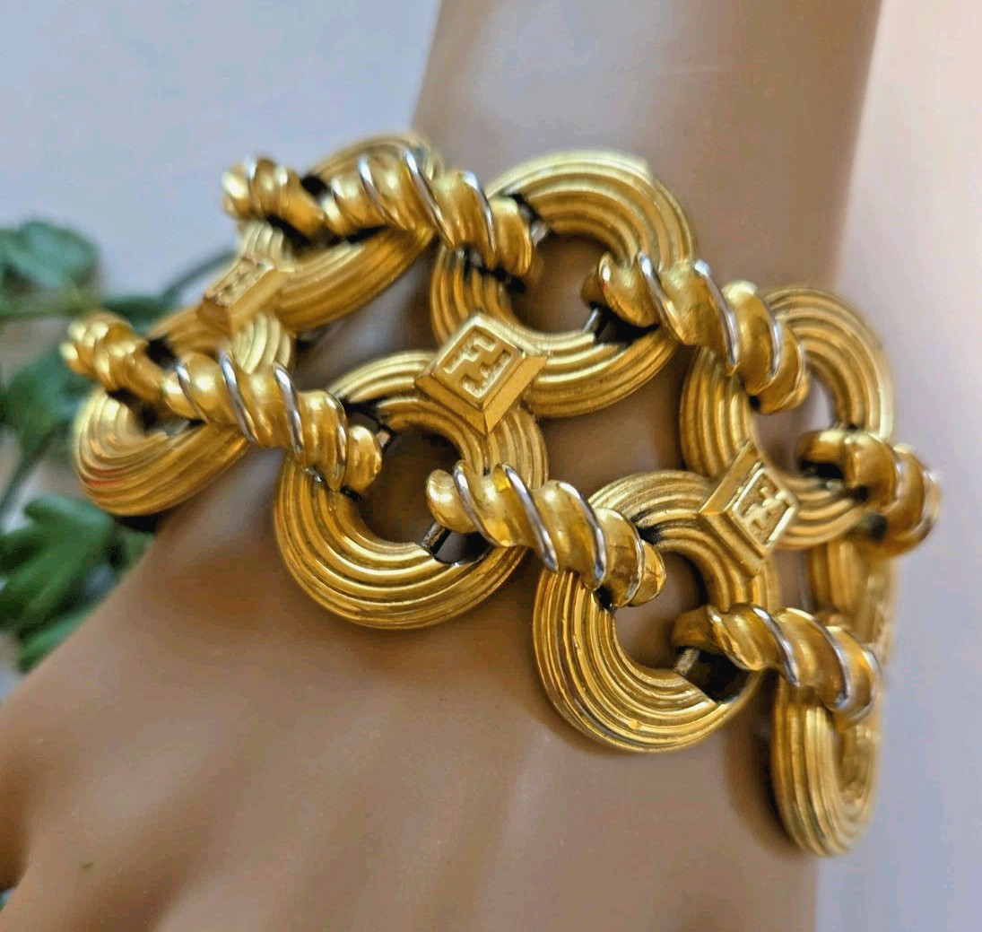Vintage FENDI Wide Two Row Gold Plate Bracelet 8″ Length Signed 80s