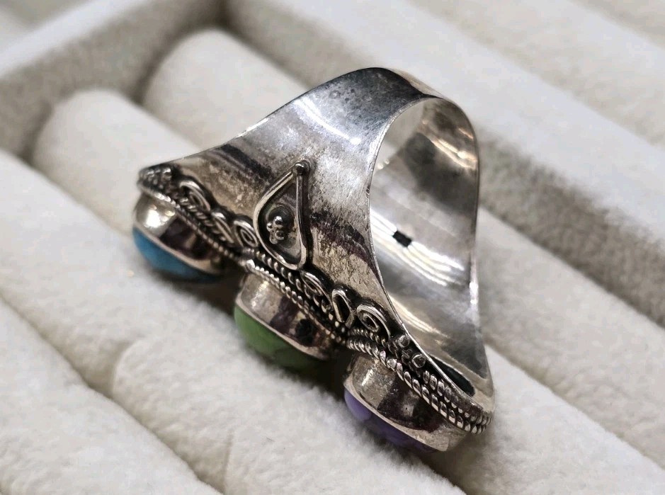Vtg Blue, Purple & Green Copper Turquoise 925 Sterling Silver Handmade Ring Sz 6