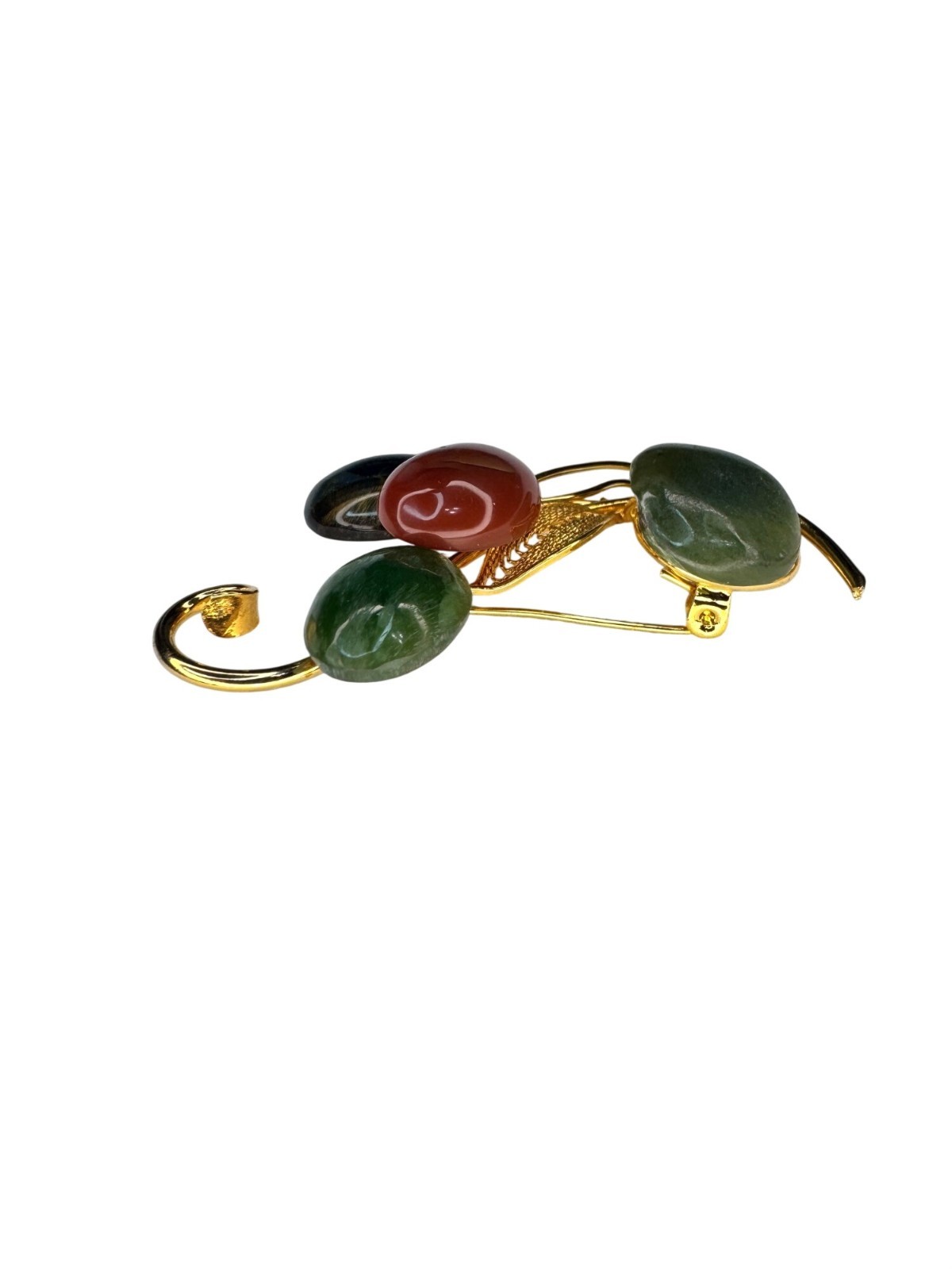 Gemstone Spray Brooch Jade Carnelian Tiger’s Eye Gold Tone Vintage