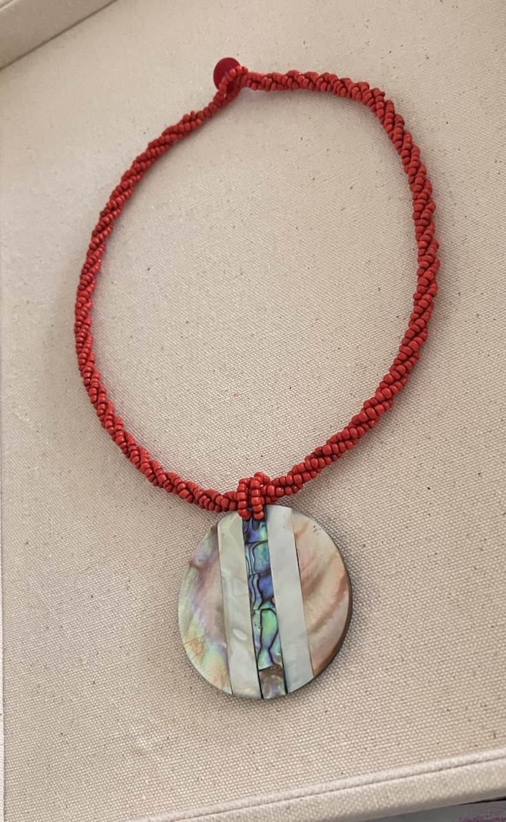 Vintage Abalone Shell Coral Seed Beaded Twist Pendant Disc Statement Necklace