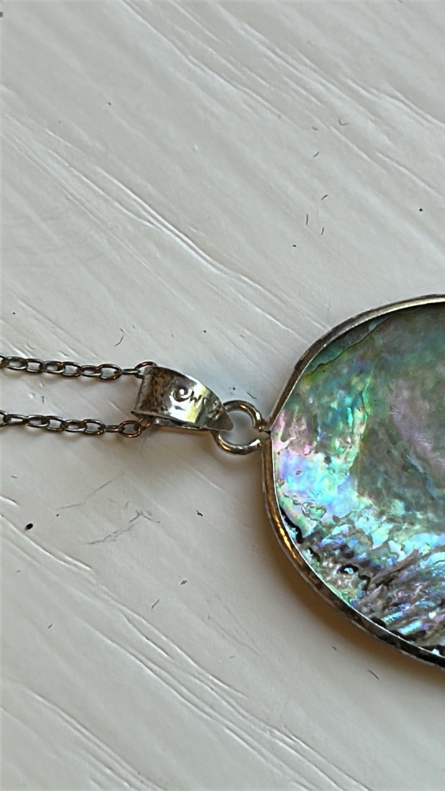 Vintage Sterling Silver Abalone Shell Pendant Necklace 18” Oval Iridescent