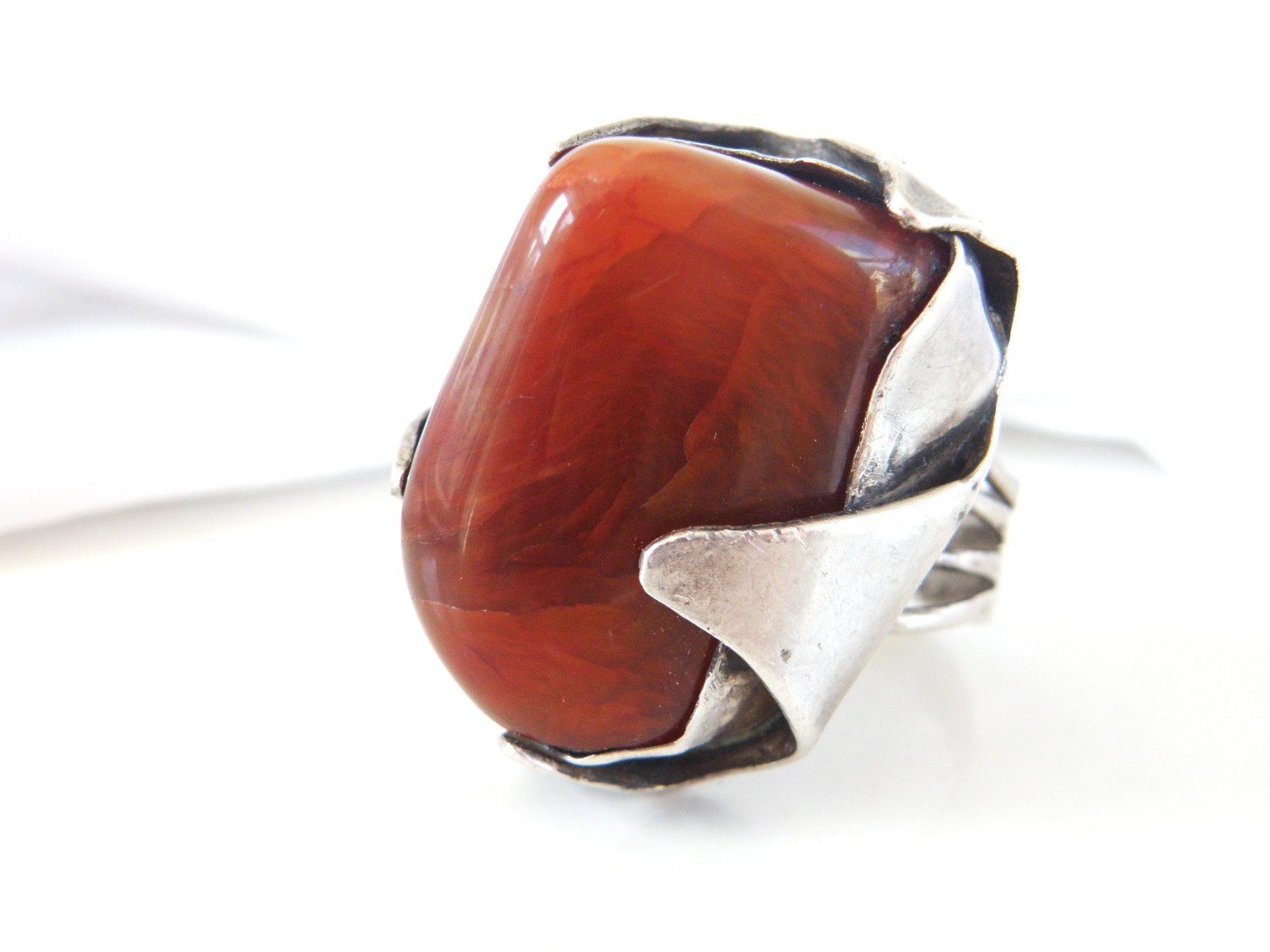 Vintage Sterling Silver 925 Banded Agate Brutalist Modernist Statement Ring 7