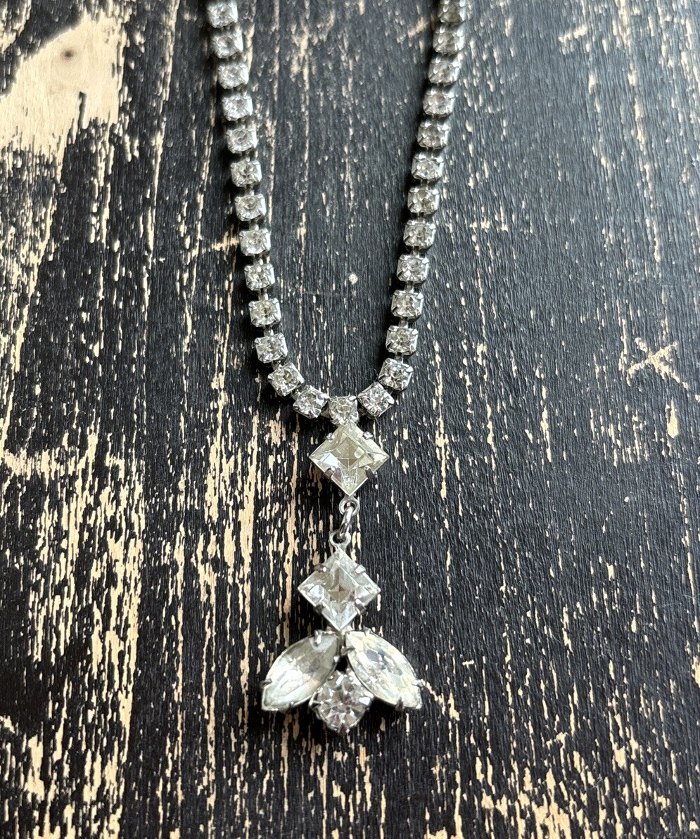 Vintage Clear Glass Rhinestone Necklace Dangle Choker 15″ Bridal Wedding
