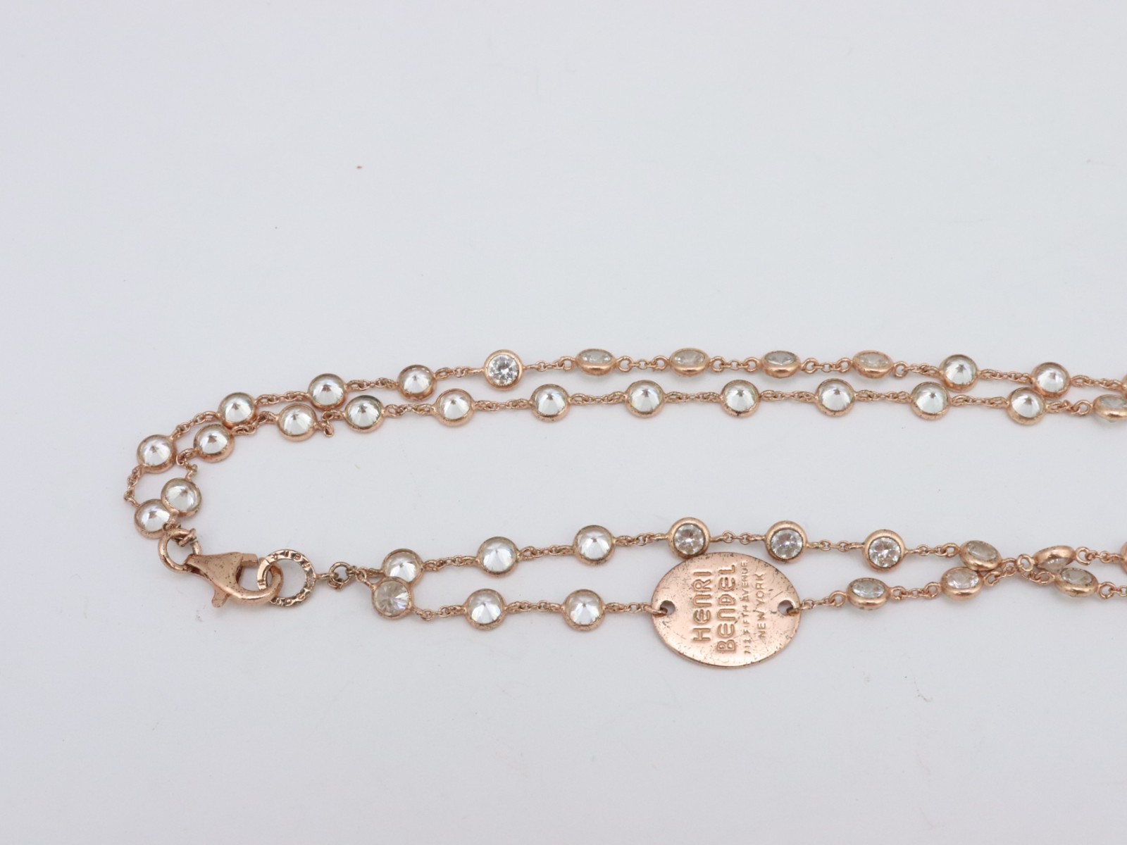 Henri Bendel 925 Sterling Silver Bezel Set Crystal or CZ Necklace Rose Gold Tone