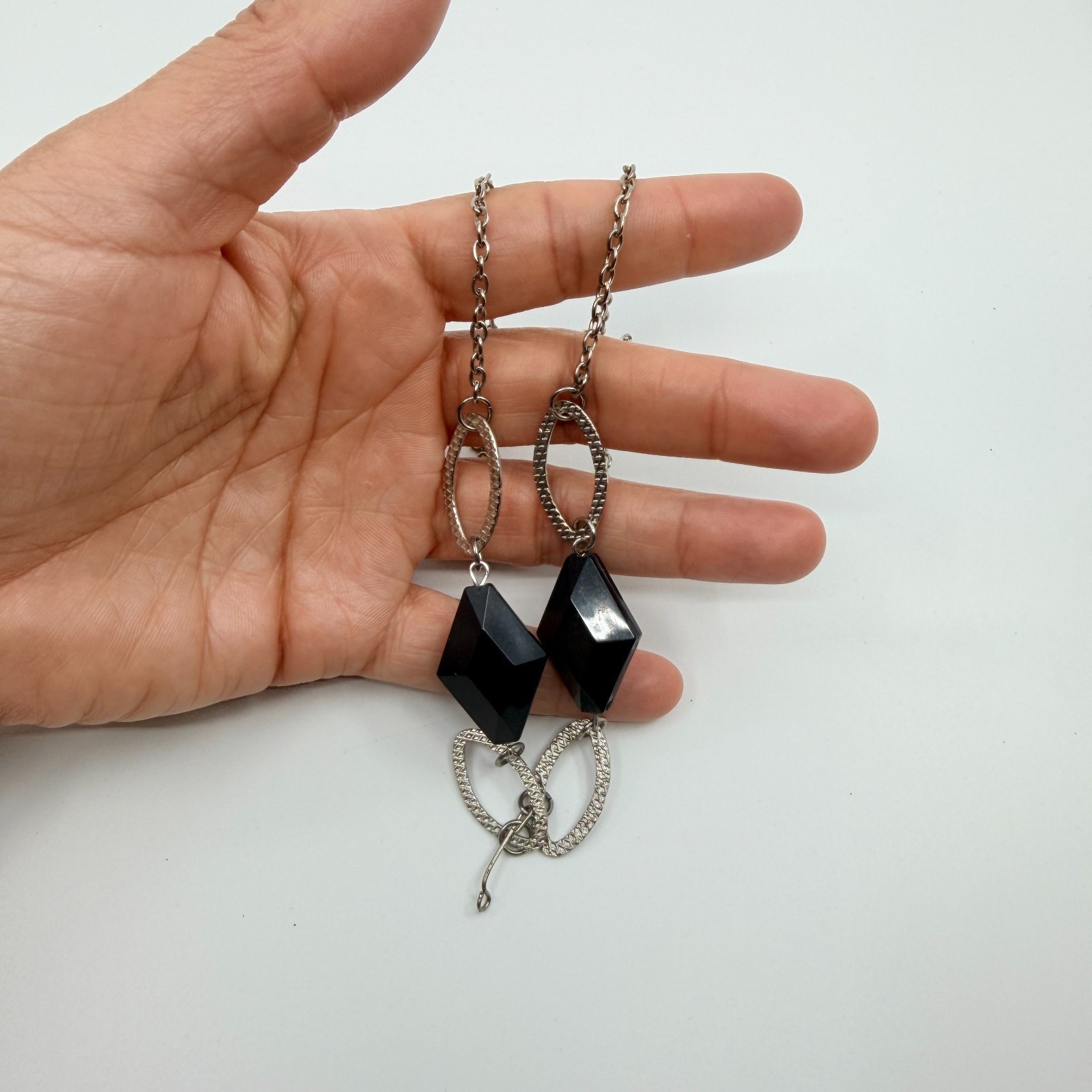 Vintage Silver Tone Black Geometric Lozenge Bead Necklace Textured Link Retro