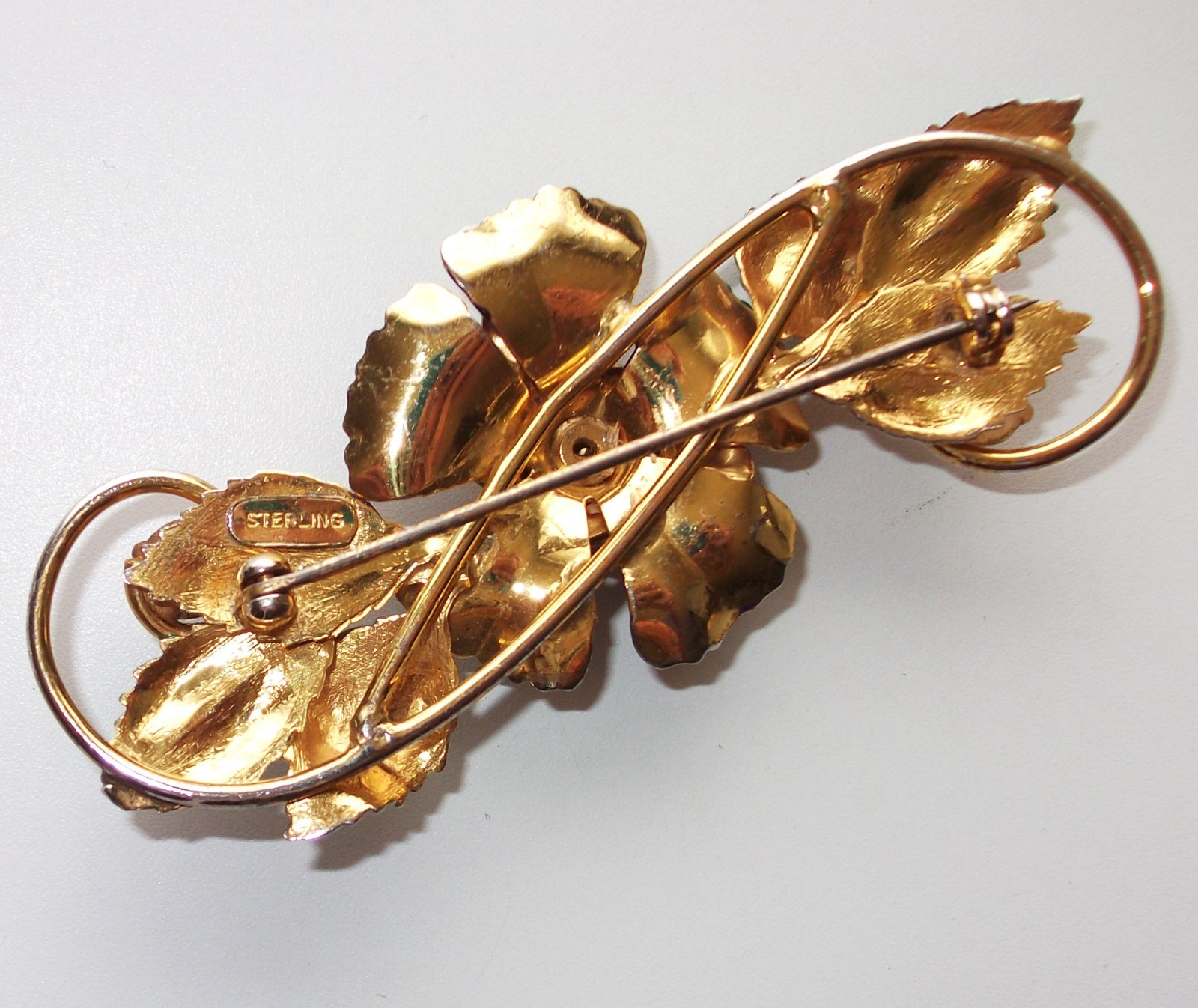 Lg.Sterling silver,Gold tone,enamel,vintage brooch,flower,purple,crystals,