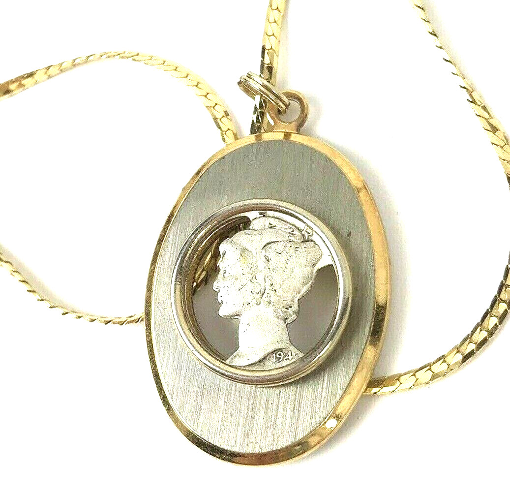 Vintage Necklace Silver 1942 Coin Carved Dime Charm Pendant Cut Out Lady Liberty