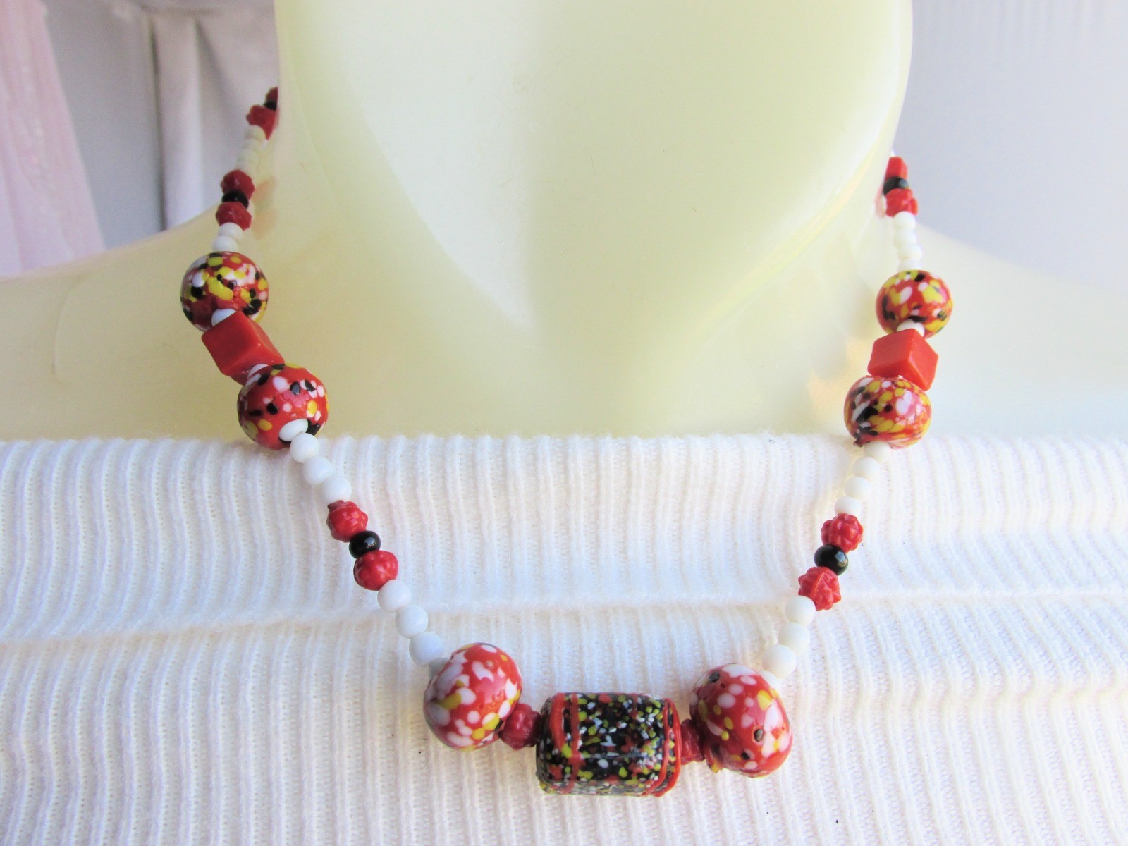 70s Vintage Orange Yellow White Black Venetian Glass Bead 16′ Necklace