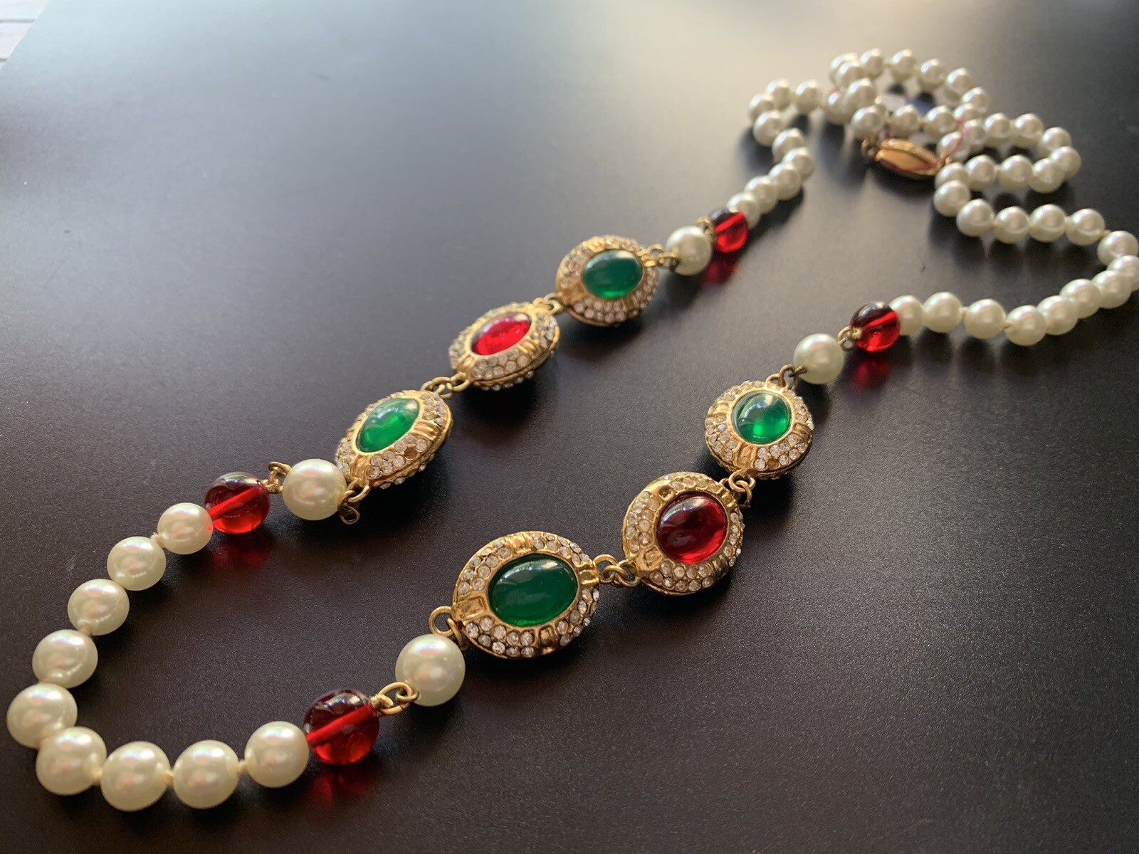 Vintage 1960s Gripoix French Mogul Cabochon Red &Green Long Necklace 80cm Signed