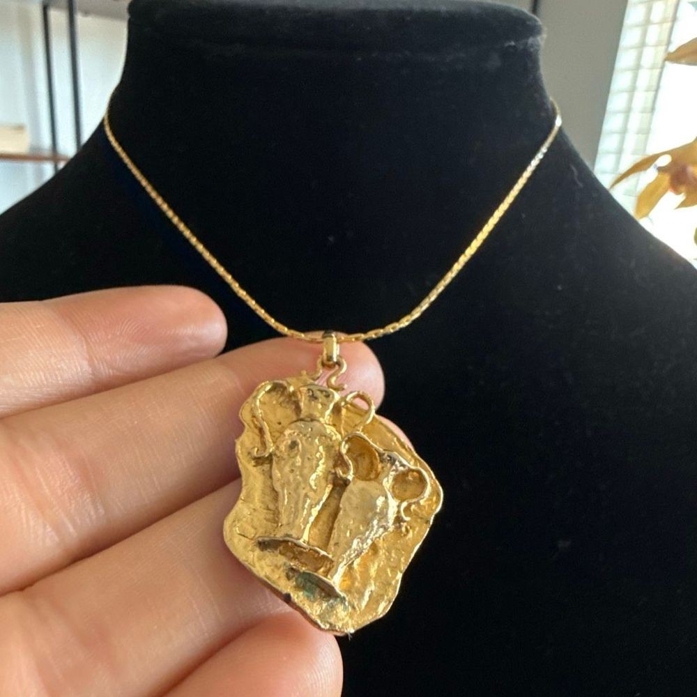 Vintage Gold Plated Pendant Necklace Mixed Metal Art Deco Style 18 Inch