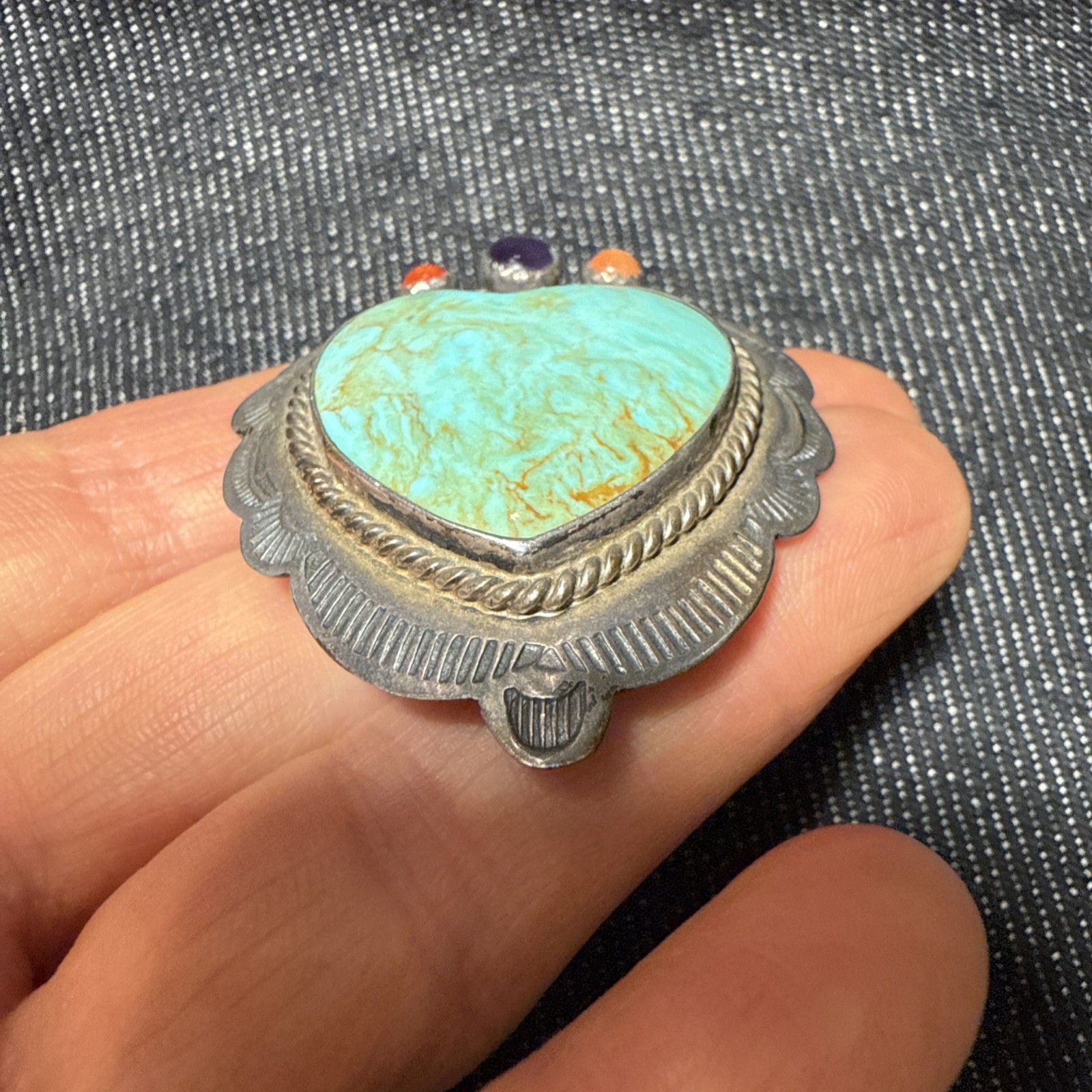 CM Gems Sterling Silver Turquoise Heart Removable Bail Pendant Brooch Spiny