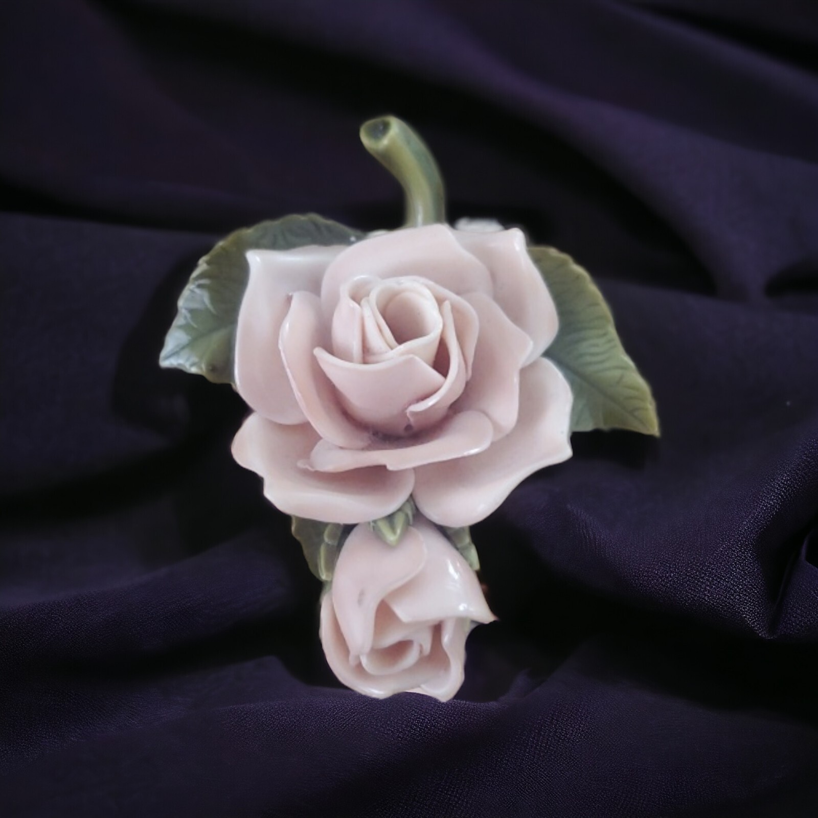 Vintage Celluloid Brooch Rose Painted Muted Pink Rosettes Green Leaves 3D