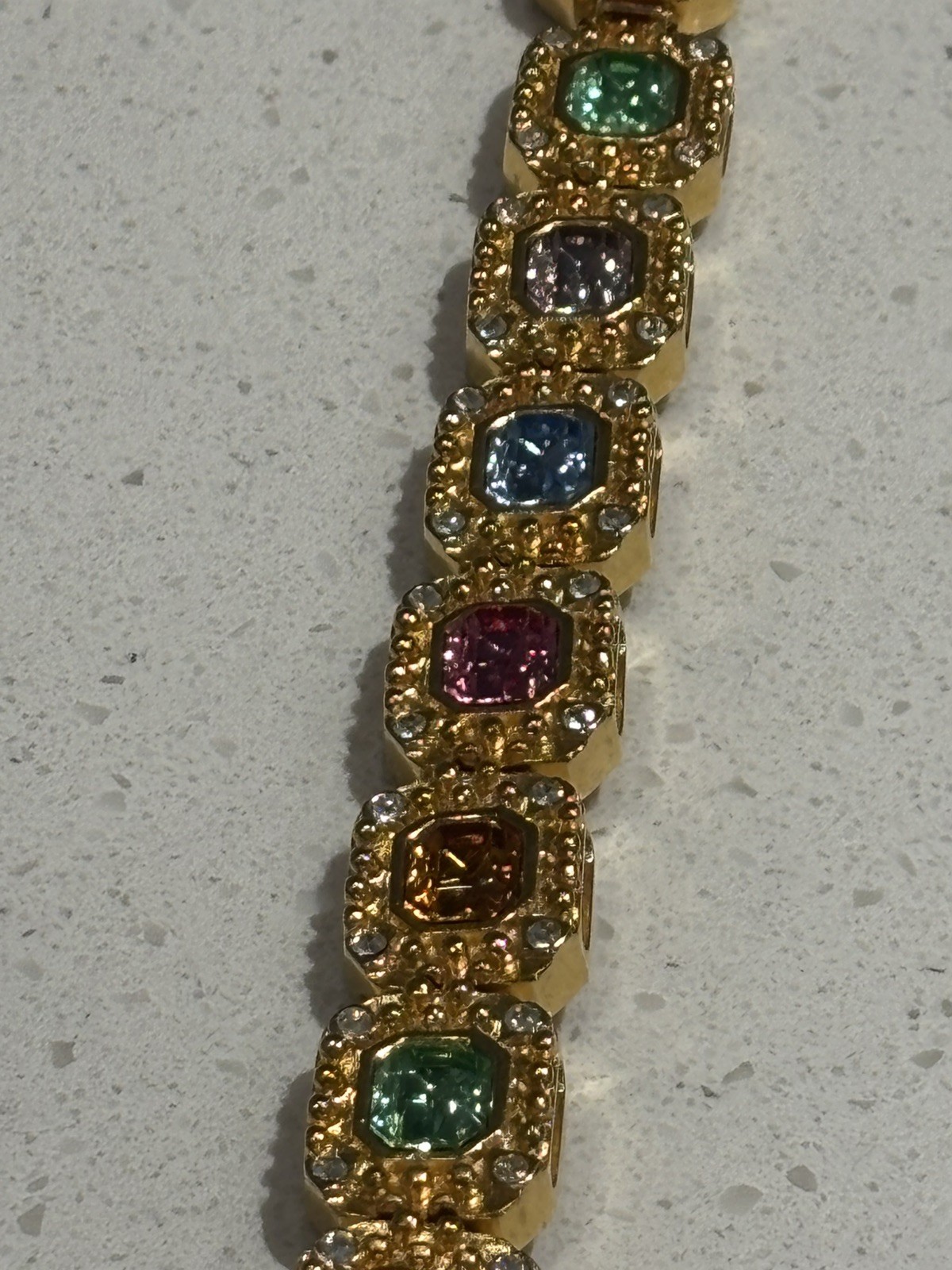 Signed KJL Kenneth Jay Lane Multi Color Cut Glass Crystal Bracelet Gold Chain