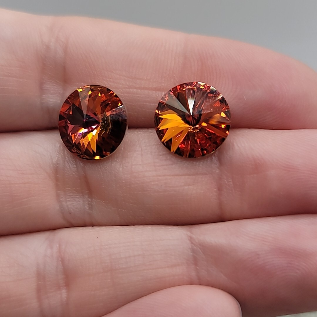 Vtg Iridescent Pink Orange Red Reflective Shiny Round Stud Earrings