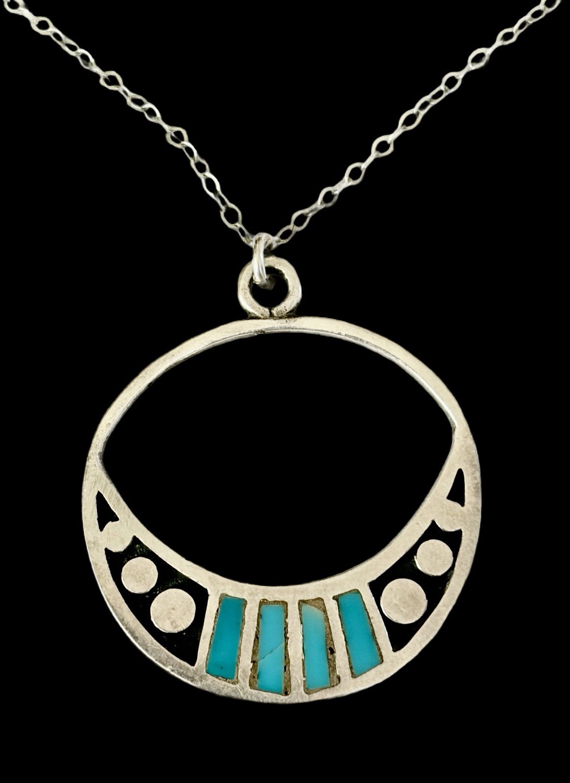 VTG Sterling Silver & Turquoise Inlay Modernist Southwest Pendant Necklace~1950s