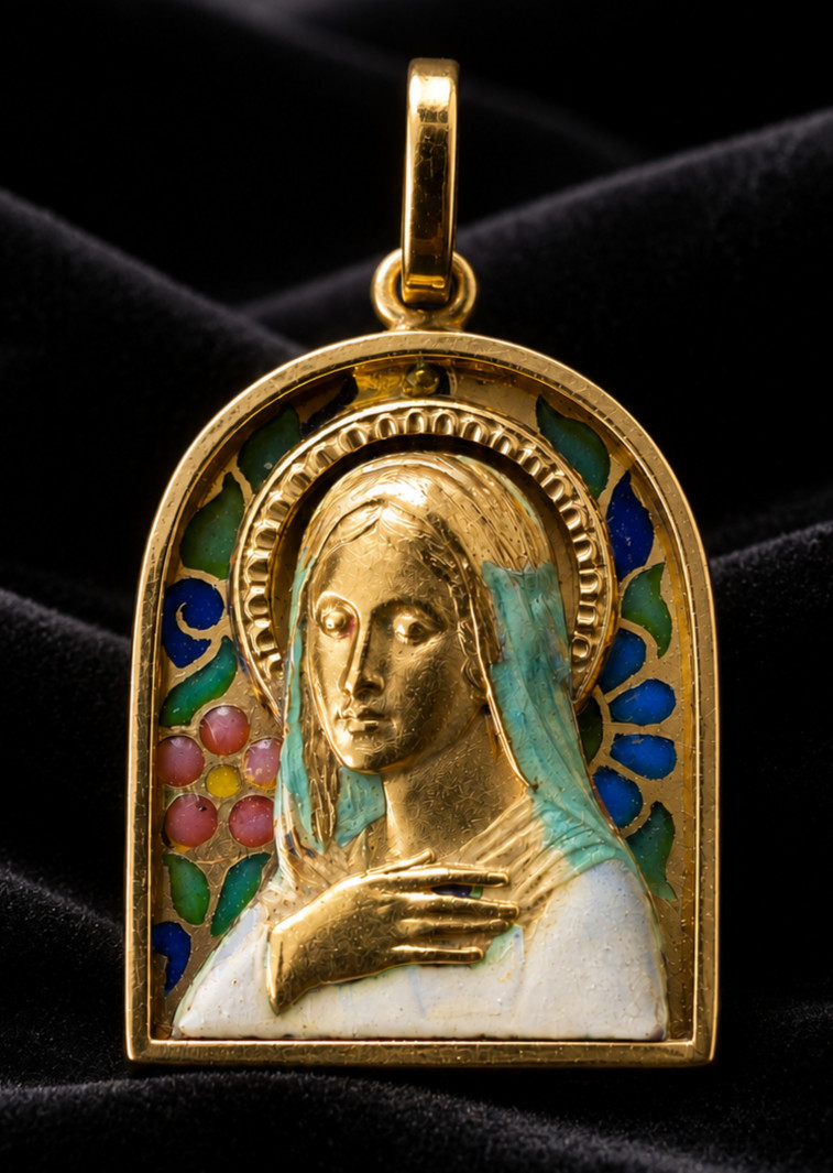 Rare 1930s Art Deco Virgin Mary Pendant 18K Gold & Plique-à-Jour Enamel
