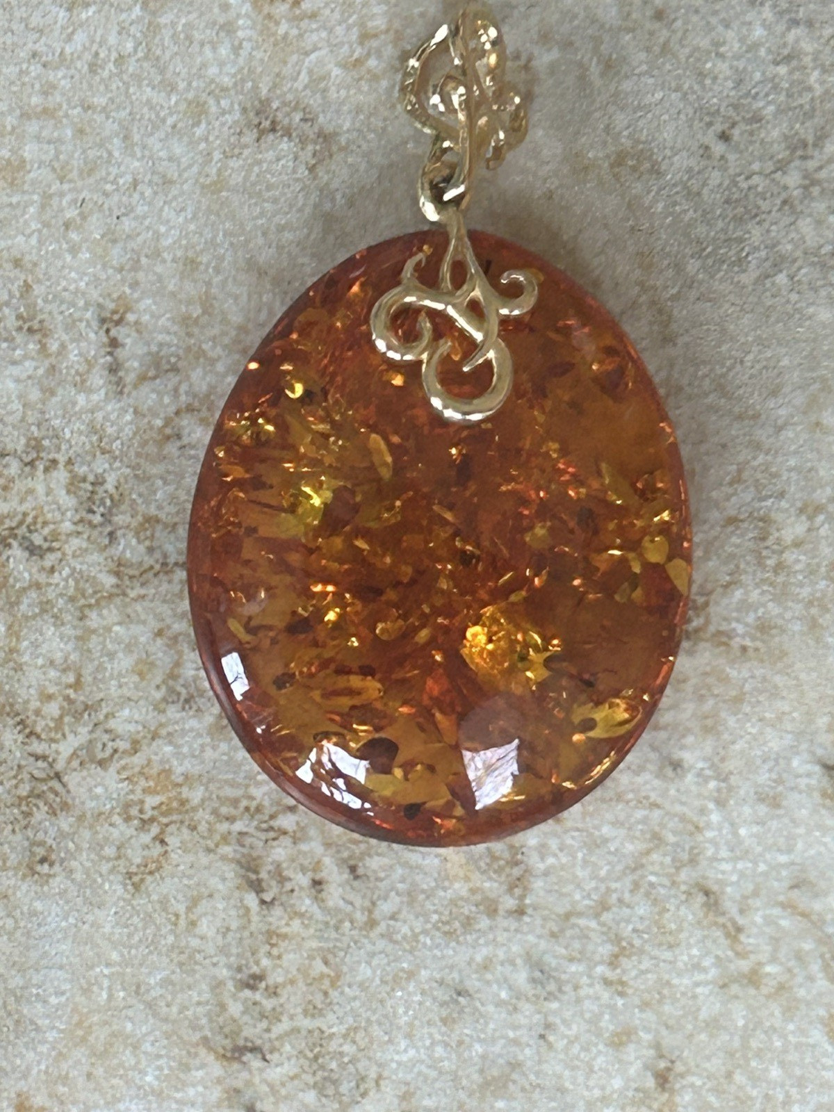 14K Gold Genuine Baltic Amber Cognac Teardrop Pendant