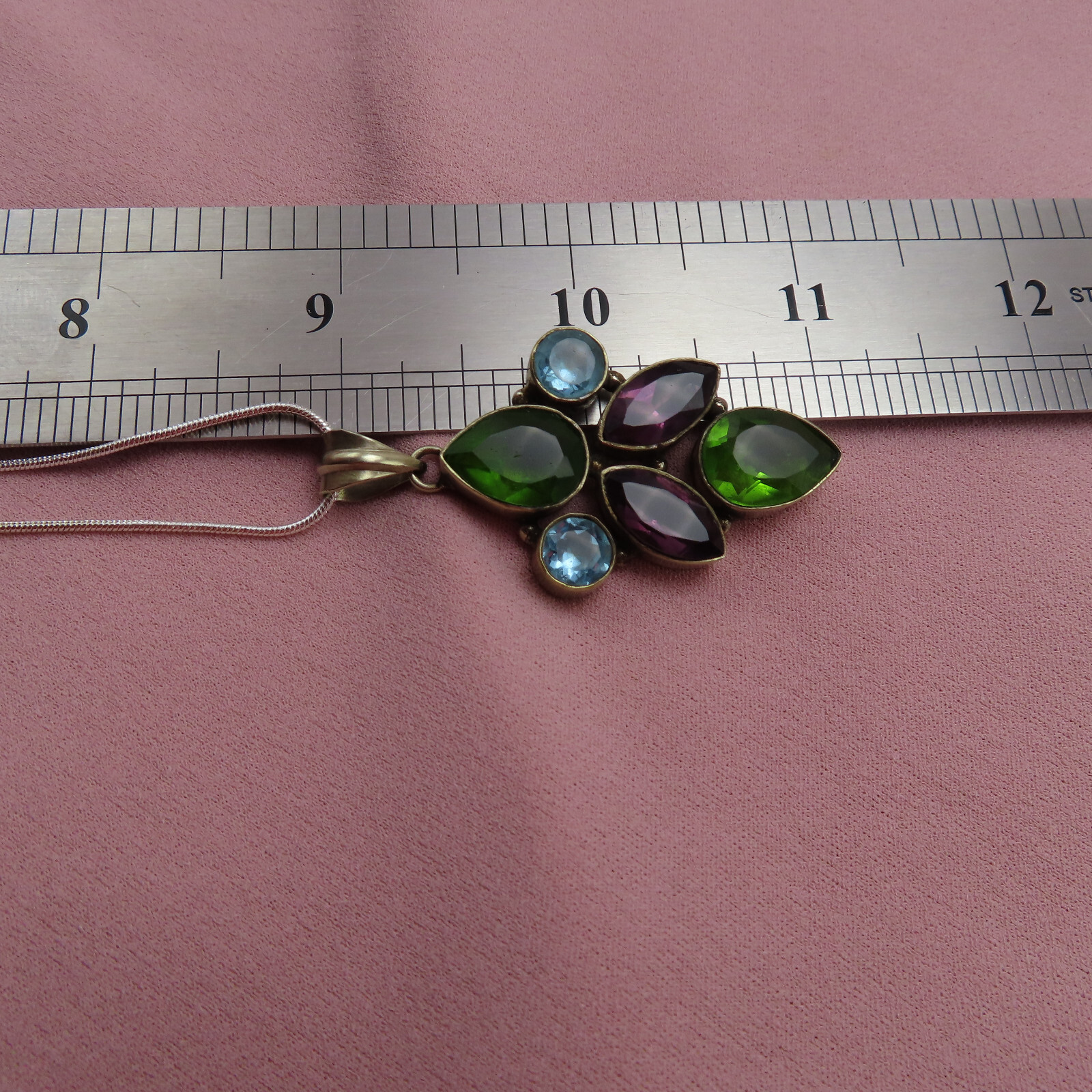 Vintage Sterling Silver Necklace 2 inch Pendant Green Purple Blue Crystal 369c